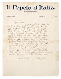 MUSSOLINI, Benito (1883-1943). Autograph letter signed ("Mussolini"), in Italian, to Paolo Orano. Rome, [October 1917].