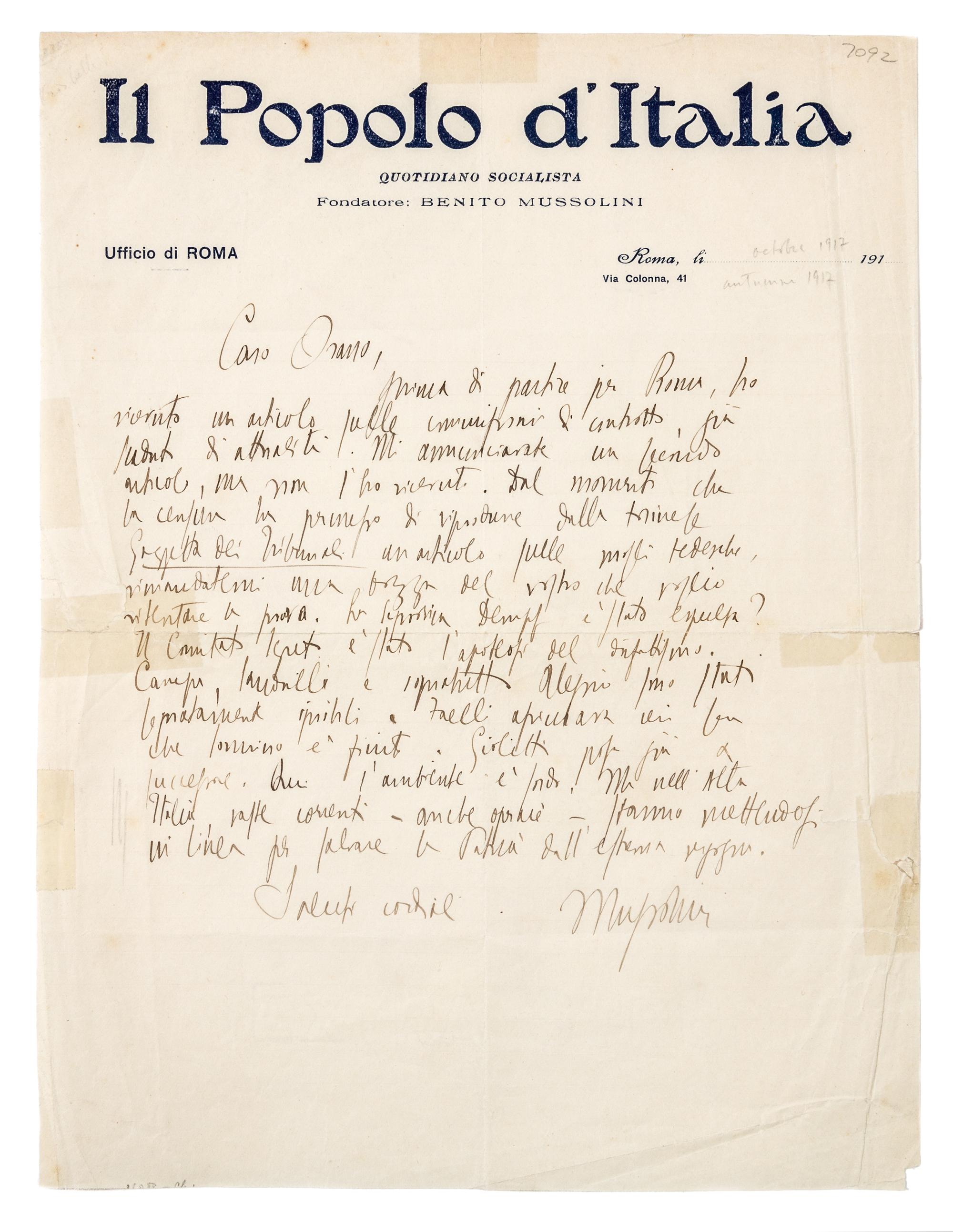 MUSSOLINI, Benito (1883-1943). Autograph letter signed ("Mussolini"), in Italian, to Paolo Orano. Rome, [October 1917].