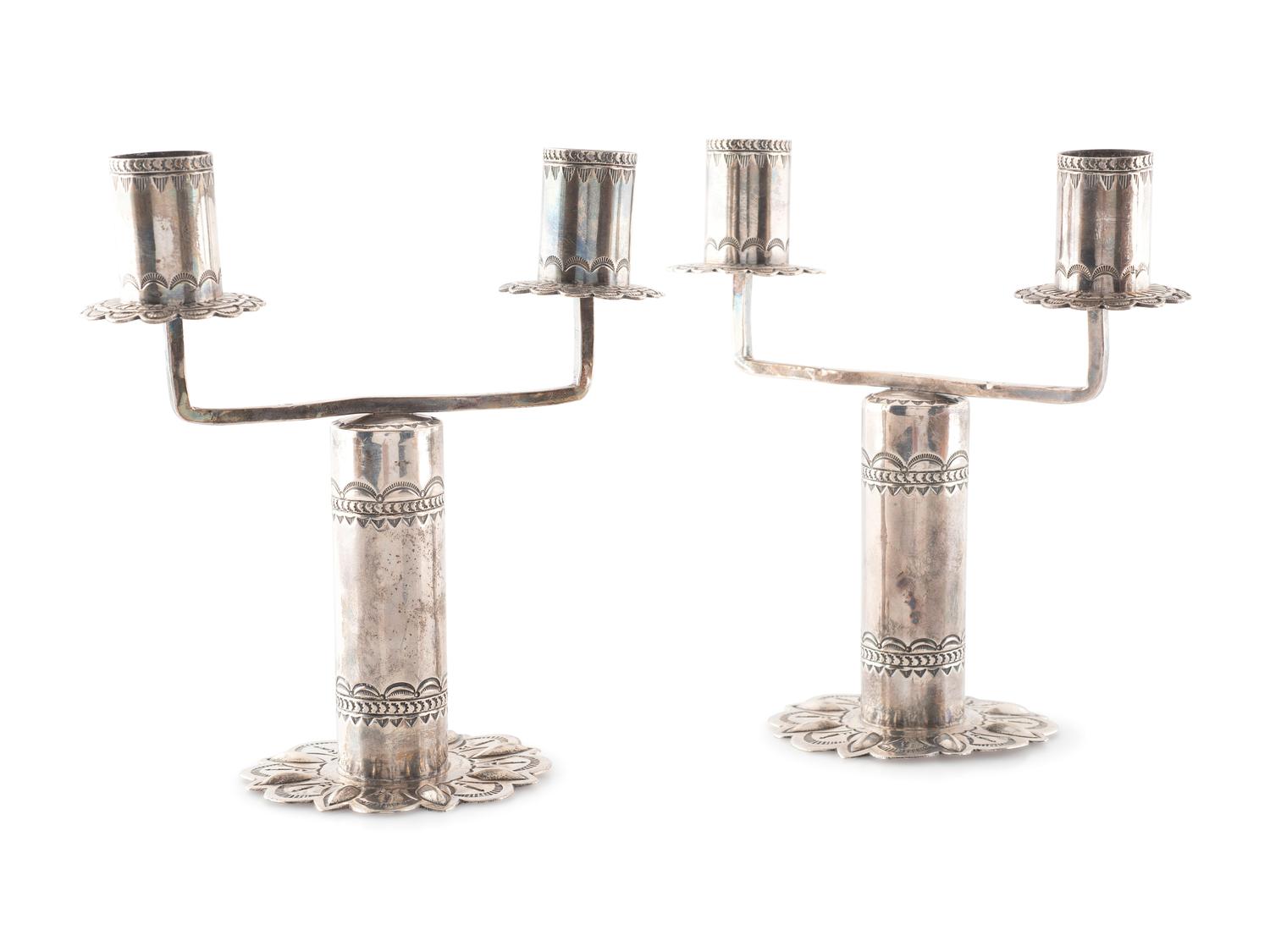 Pair of Heavily Stamped Silver Candelabras