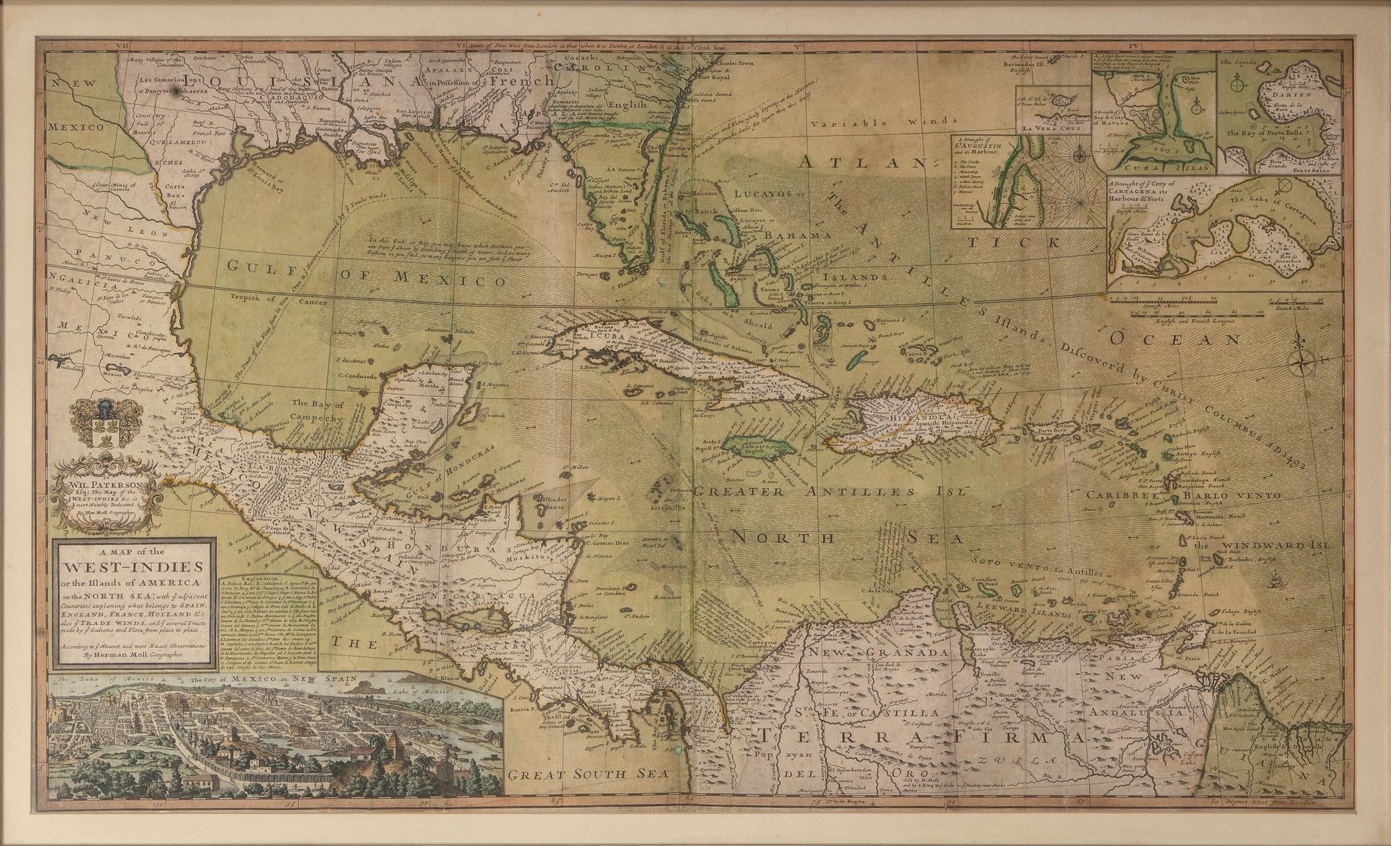 MOLL, Herman (1654-1732). A Map of the West-Indies or the Islands of America in the North Sea . London: Printed for Thomas and John Bowles, ca 1720.