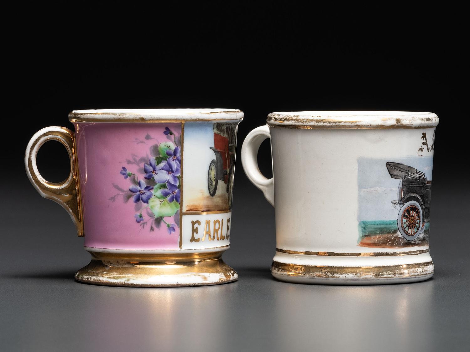 Two Open Touring Car Porcelain Occupational Shaving Mugs