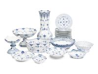 An Assembled Royal Copenhagen Blue Fluted Full Lace Porcelain Partial Dessert Service