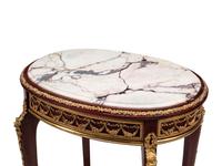 A Pair of Louis XV Style Gilt Bronze Mounted Walnut Marble-Top Side Tables