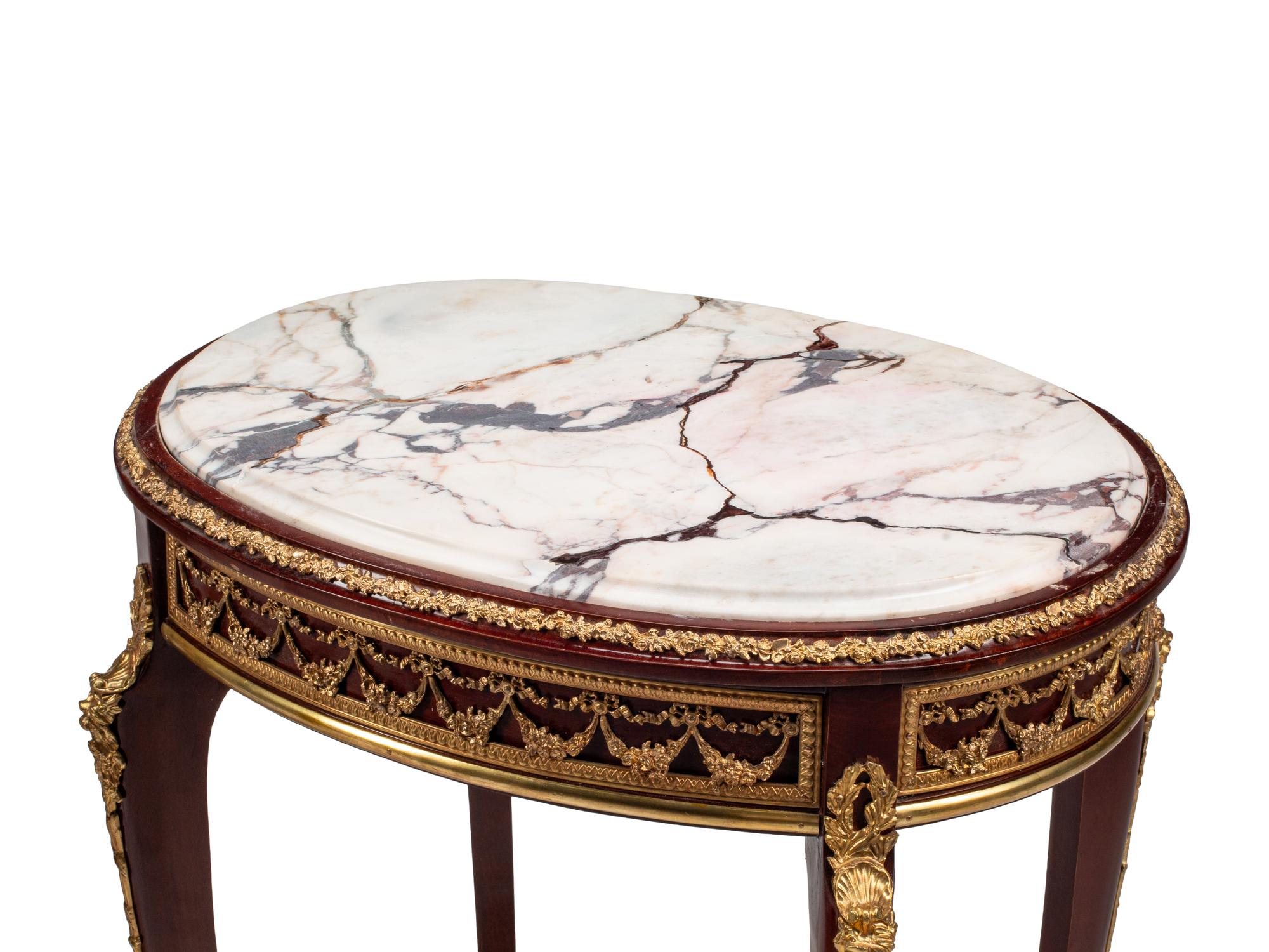 A Pair of Louis XV Style Gilt Bronze Mounted Walnut Marble-Top Side Tables