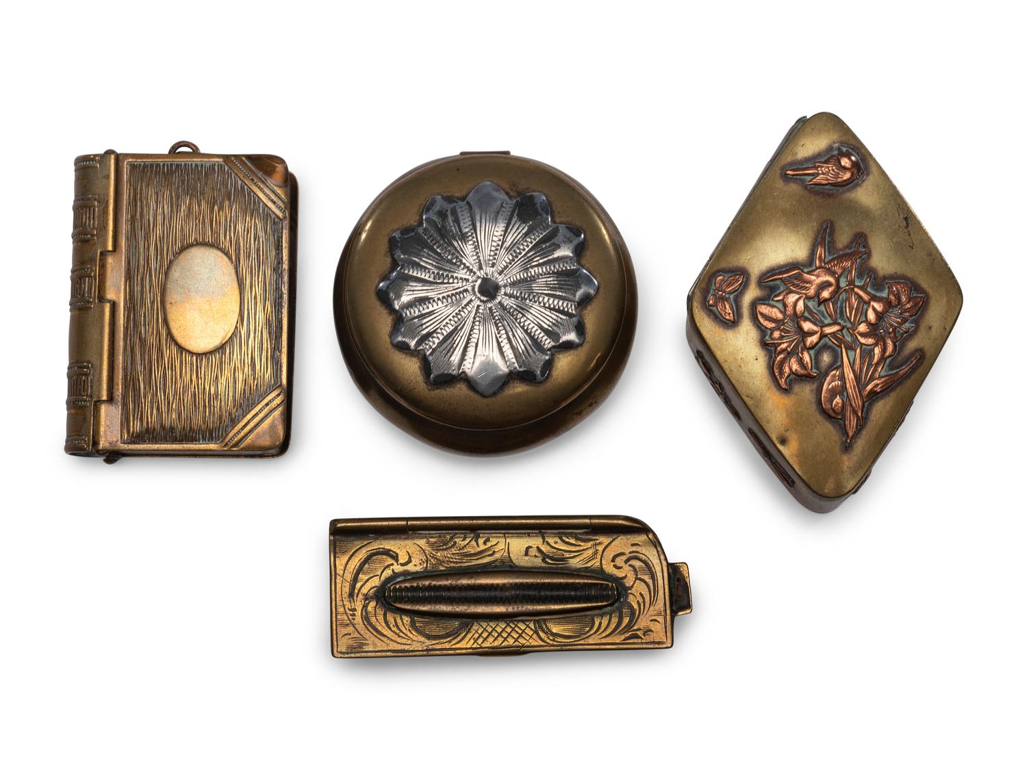 Six Brass Snuff Boxes and Match Safes