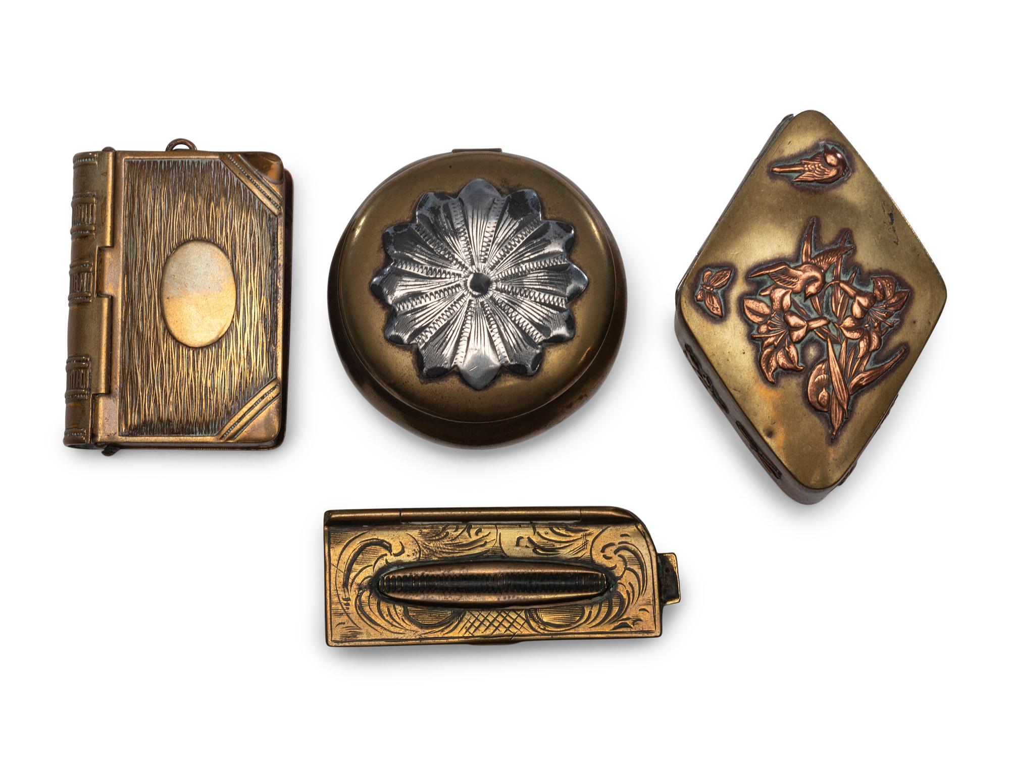 Six Brass Snuff Boxes and Match Safes