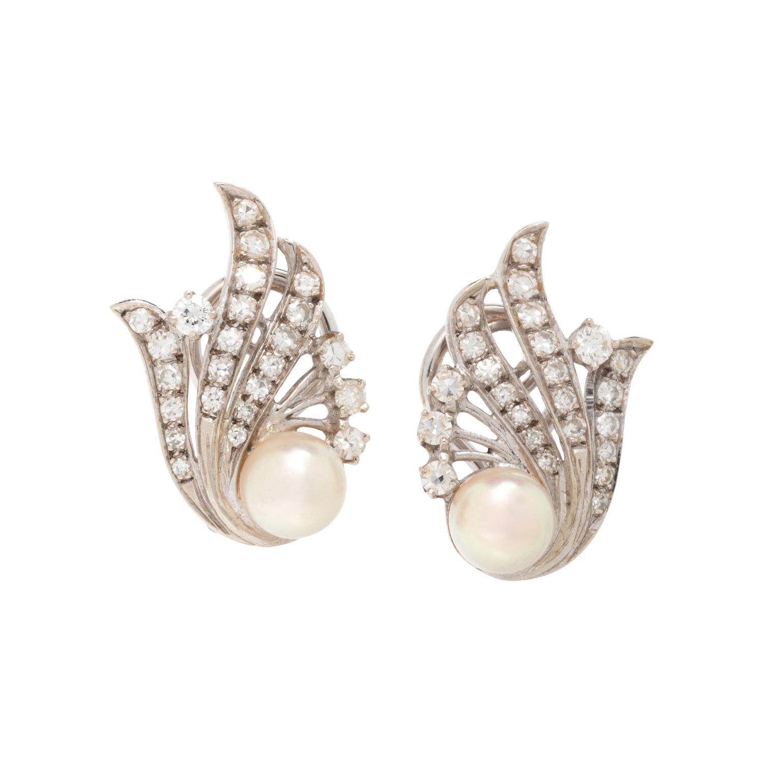CULTURED PEARL AND DIAMOND CLIP EARRINGS
