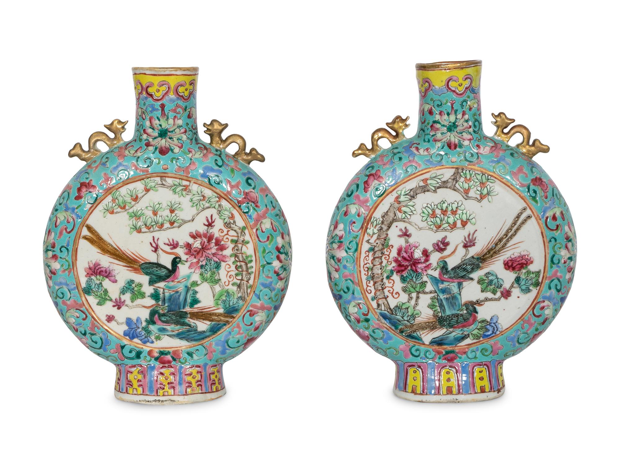 A Pair of Chinese Famille Rose Porcelain Moon Flasks