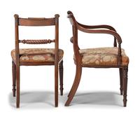 Seven Regency Style Brass Inlaid Mahogany Chairs