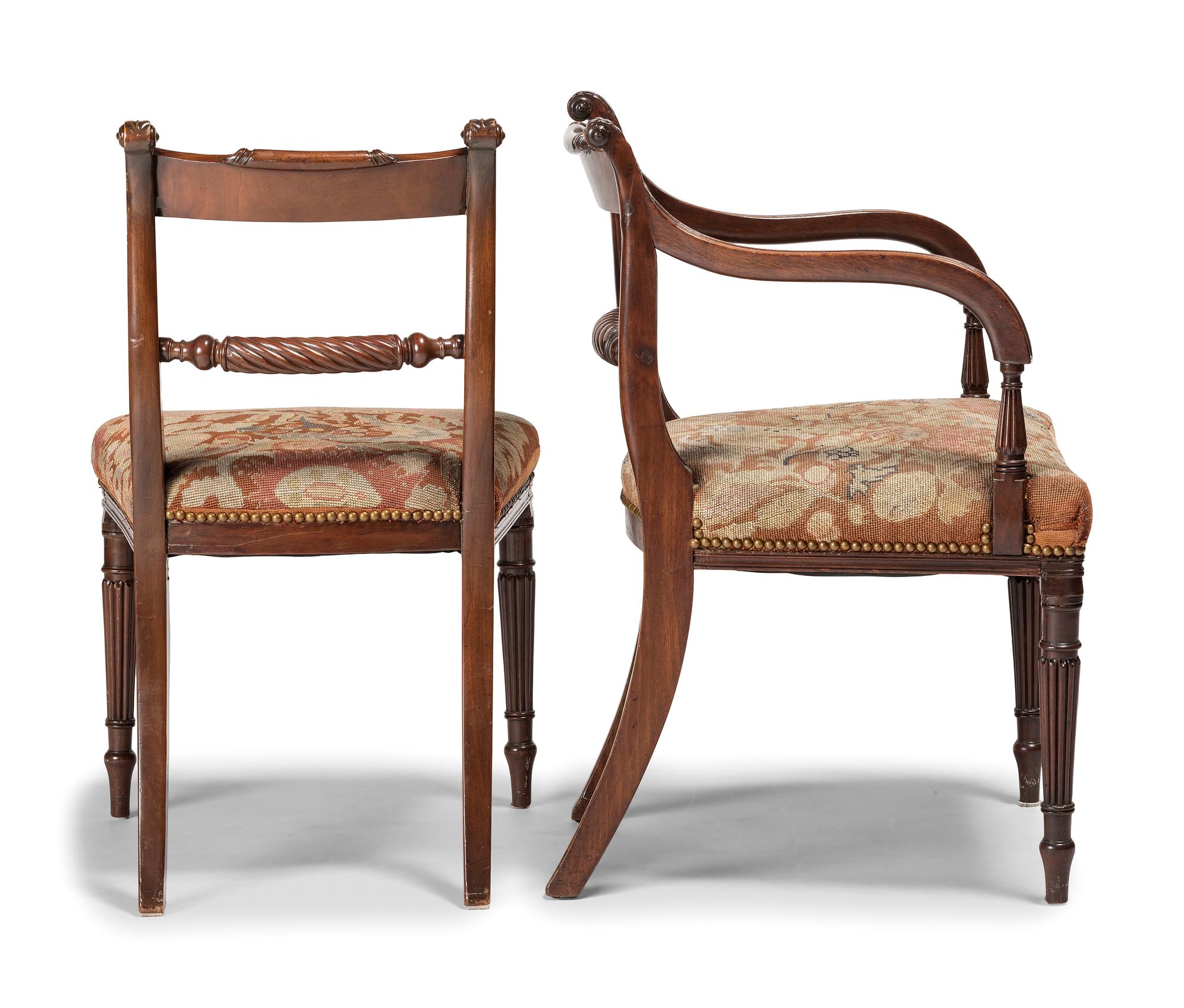 Seven Regency Style Brass Inlaid Mahogany Chairs