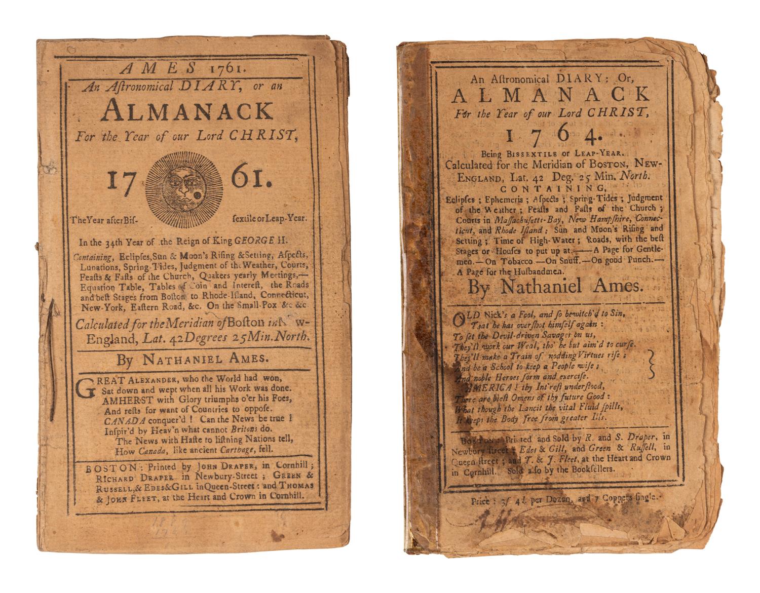 [ALMANAC - BOSTON]. AMES, Nathaniel (1708-1764). An Astronomical Diary, or an Almanack For the Year of our Lord Christ, 1761 . Boston [i.e. New London, CT]: John Draper et al [i.e. Timothy Green], [1761].