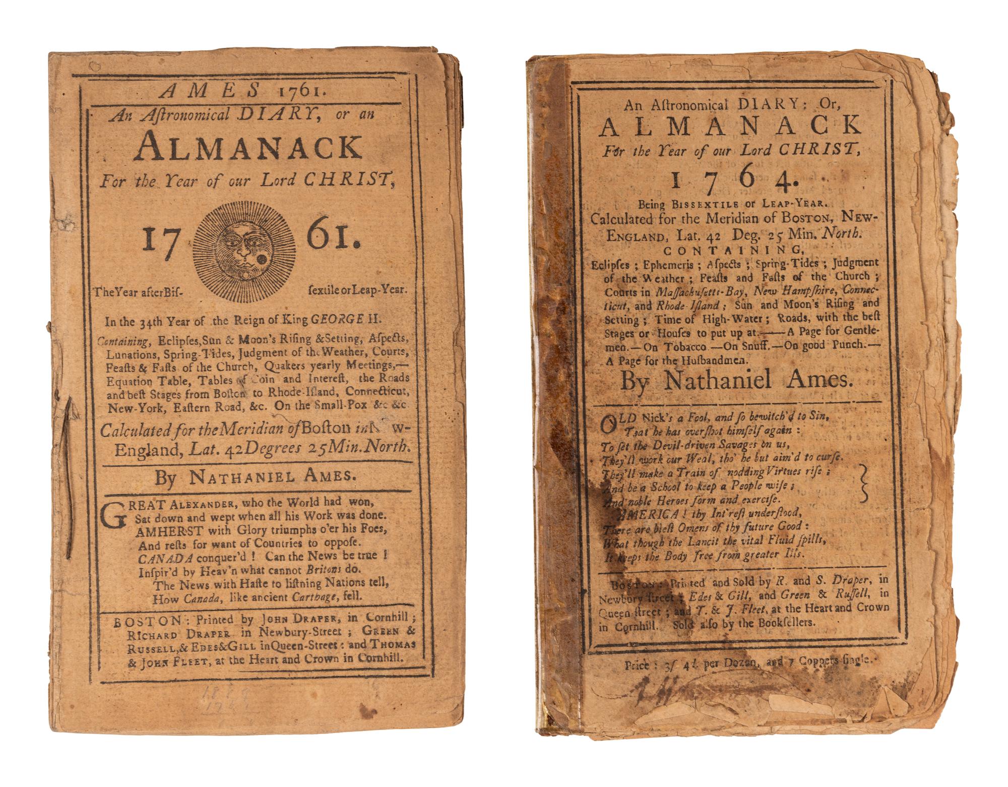 [ALMANAC - BOSTON]. AMES, Nathaniel (1708-1764). An Astronomical Diary, or an Almanack For the Year of our Lord Christ, 1761 . Boston [i.e. New London, CT]: John Draper et al [i.e. Timothy Green], [1761].