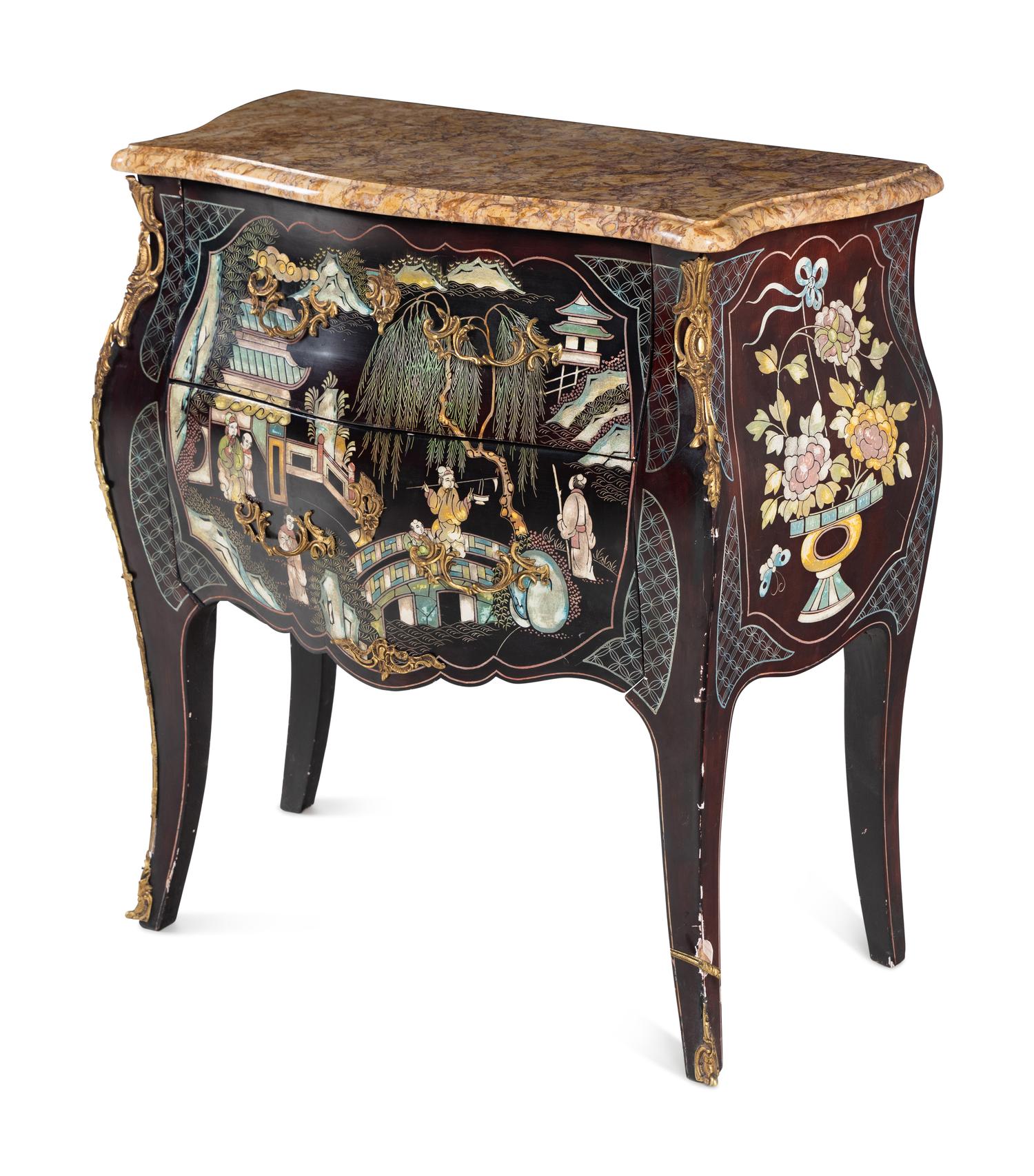 A Louis XVI Style Gilt Metal Mounted Lacquered Marble-Top Commode