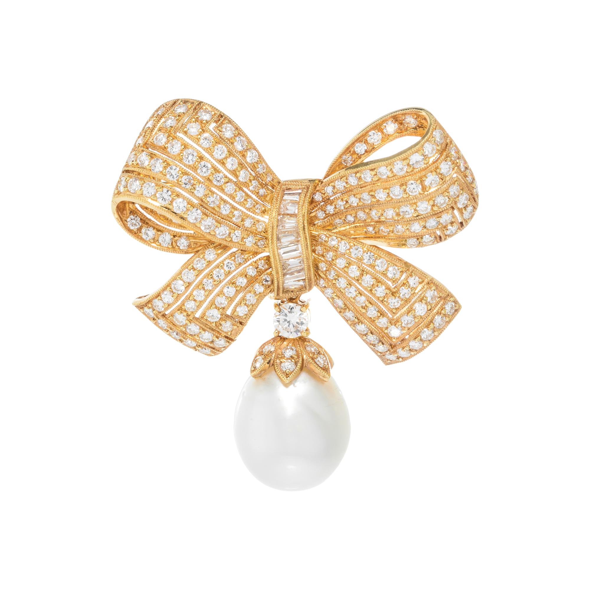 DIAMOND AND CULTURED PEARL BOW BROOCH
