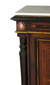 A Victorian Renaissance Revival Marquetry Inlaid and Parcel Ebonized Credenza in the Manner of Herter Brothers