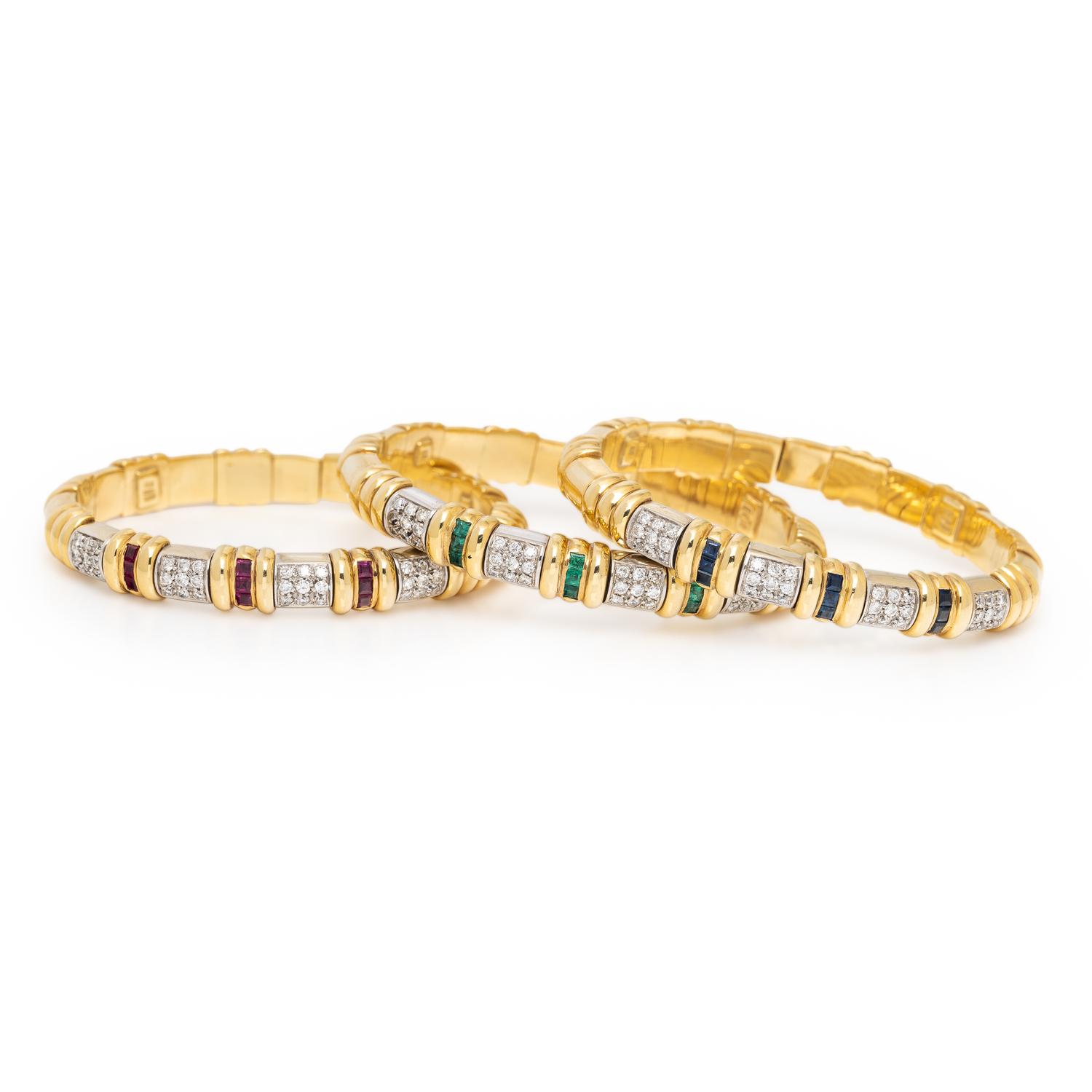 Set of Multigem and Yellow Gold Bangle Bracelets