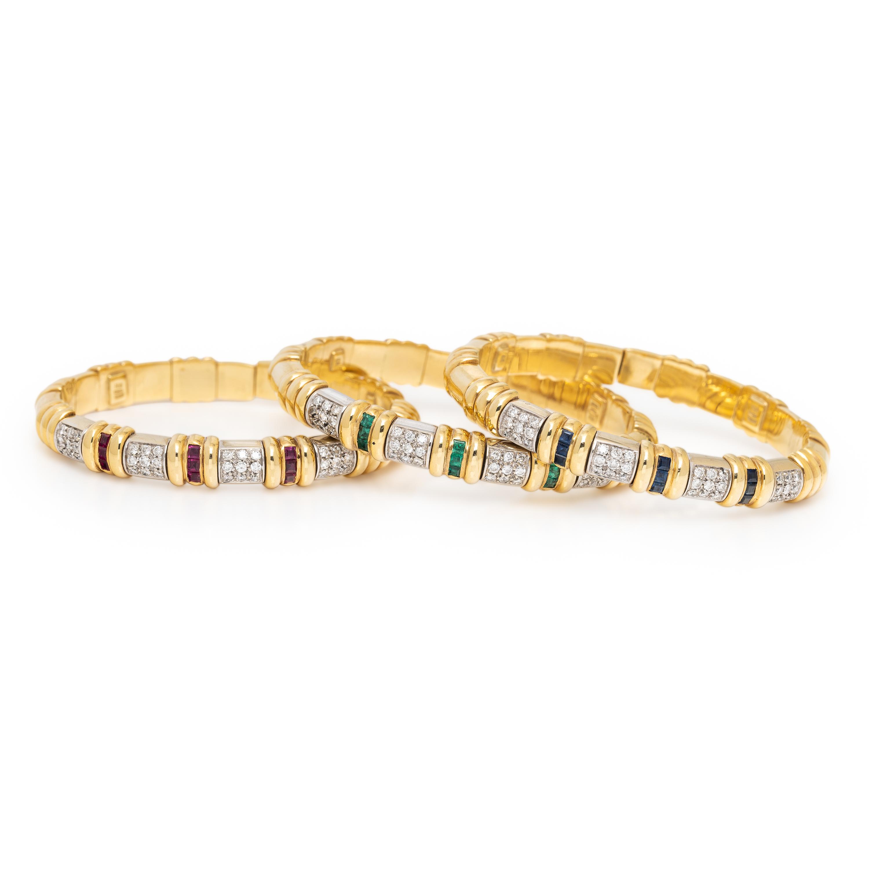 Set of Multigem and Yellow Gold Bangle Bracelets