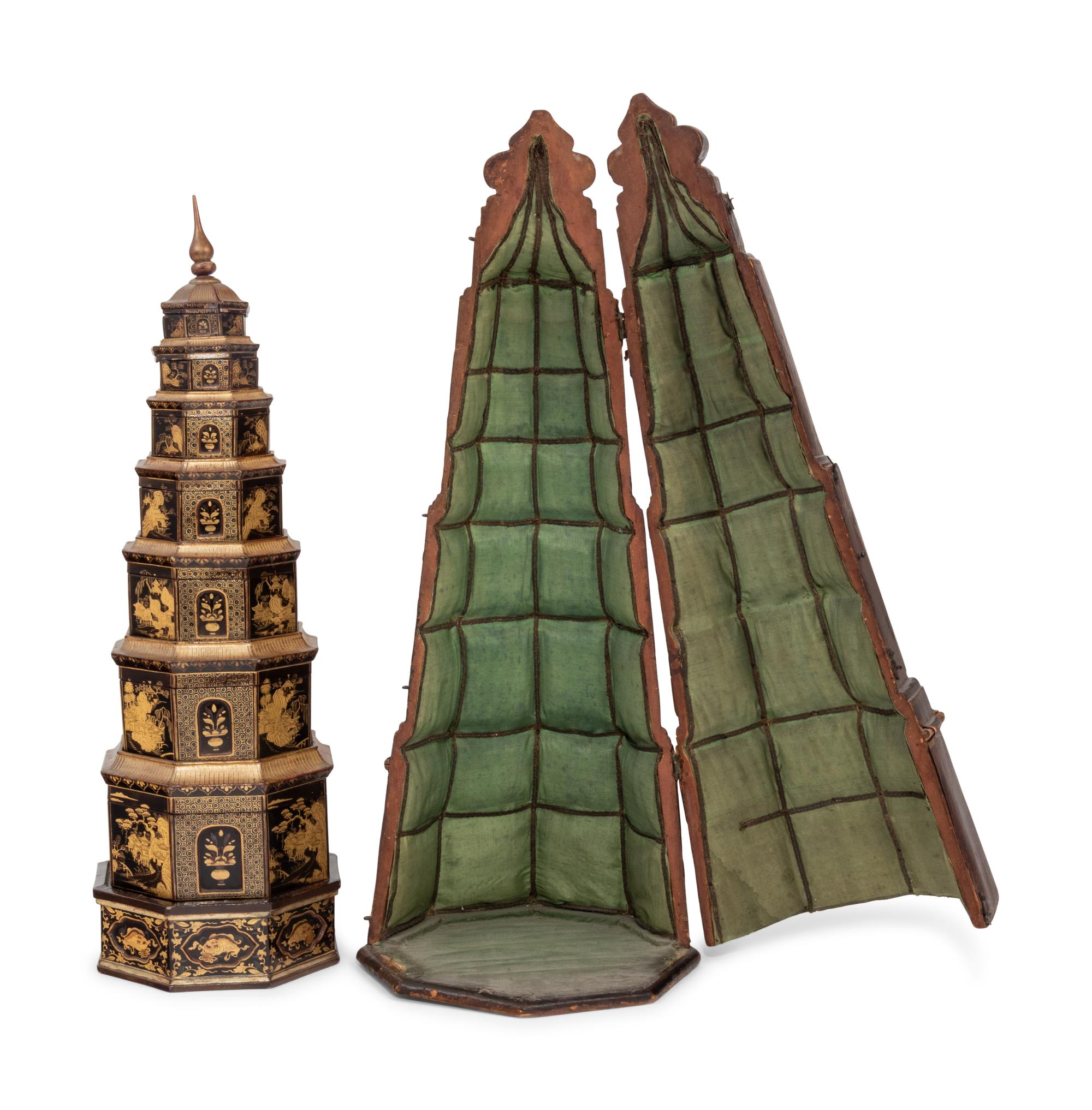 A Chinese Export Black and Gilt Lacquer Pagoda-Form Stacking Container