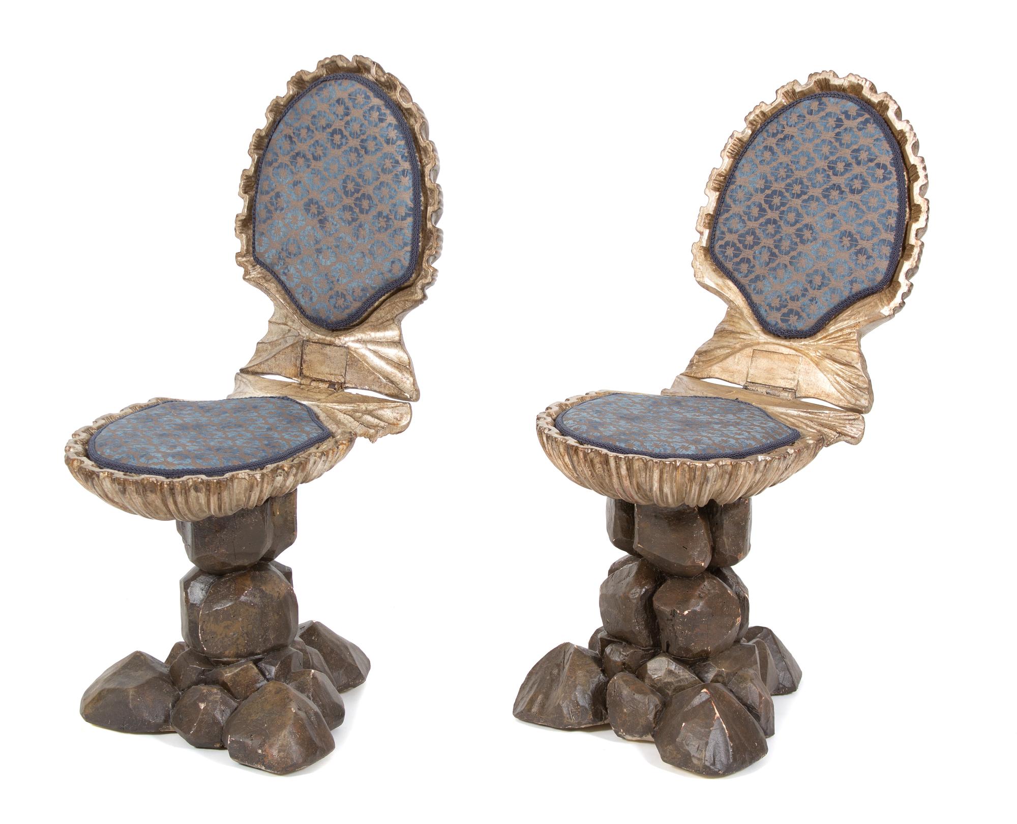 A Pair of Venetian Carved and Silvered Wood Grotto Scallop Shell-form Hinged Chairs Height closed 21 inches, open 32 1/2 inches. — 19TH CENTURY