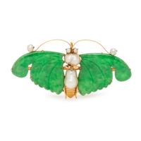 JADE AND CULTURED PEARL BUTTERFLY BROOCH