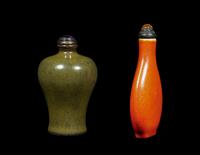 Two Chinese Monochrome Glazed Porcelain Snuff Bottles