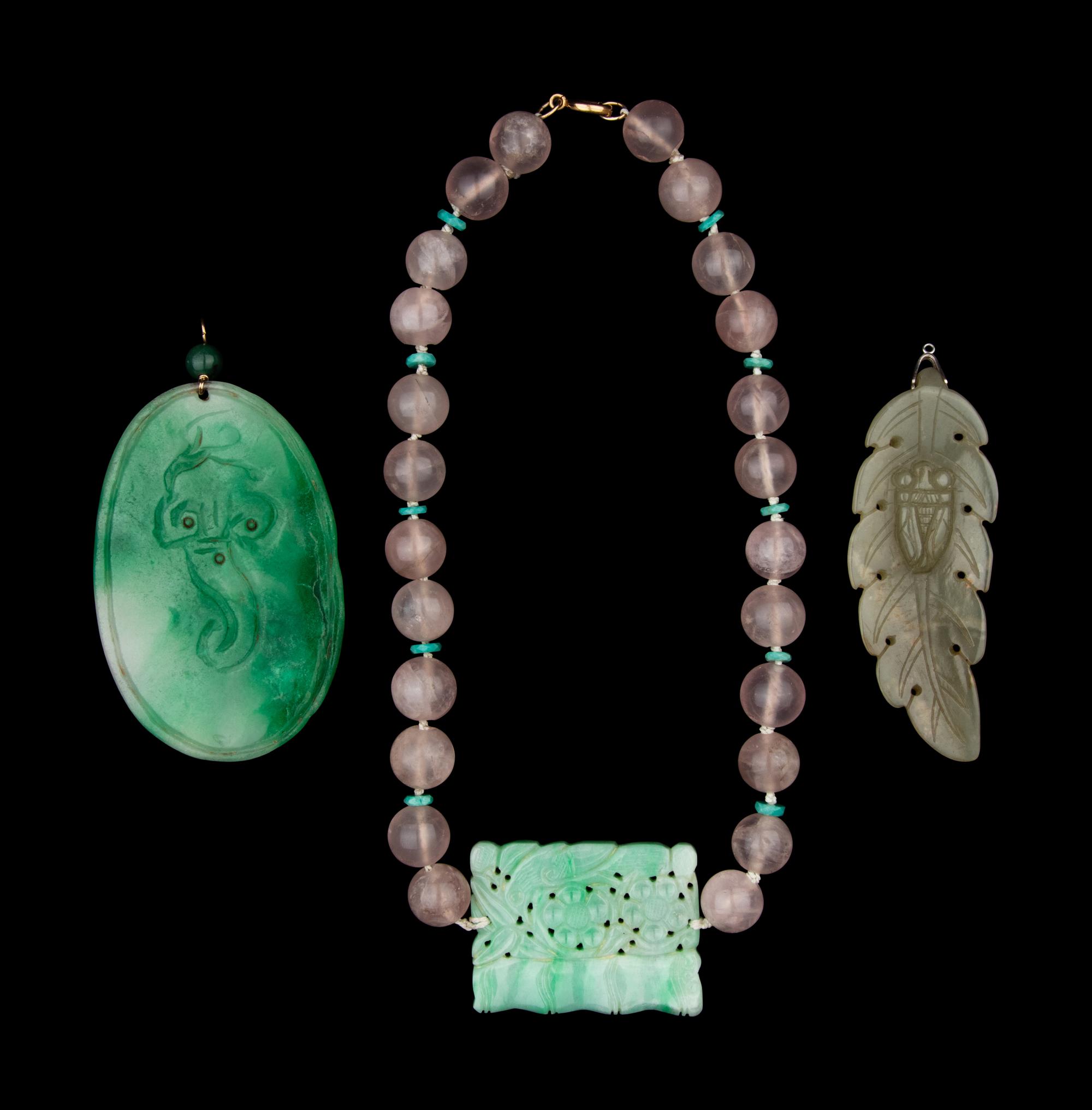 Three Chinese Jade Nephrite and Rose Quartz Jewelries