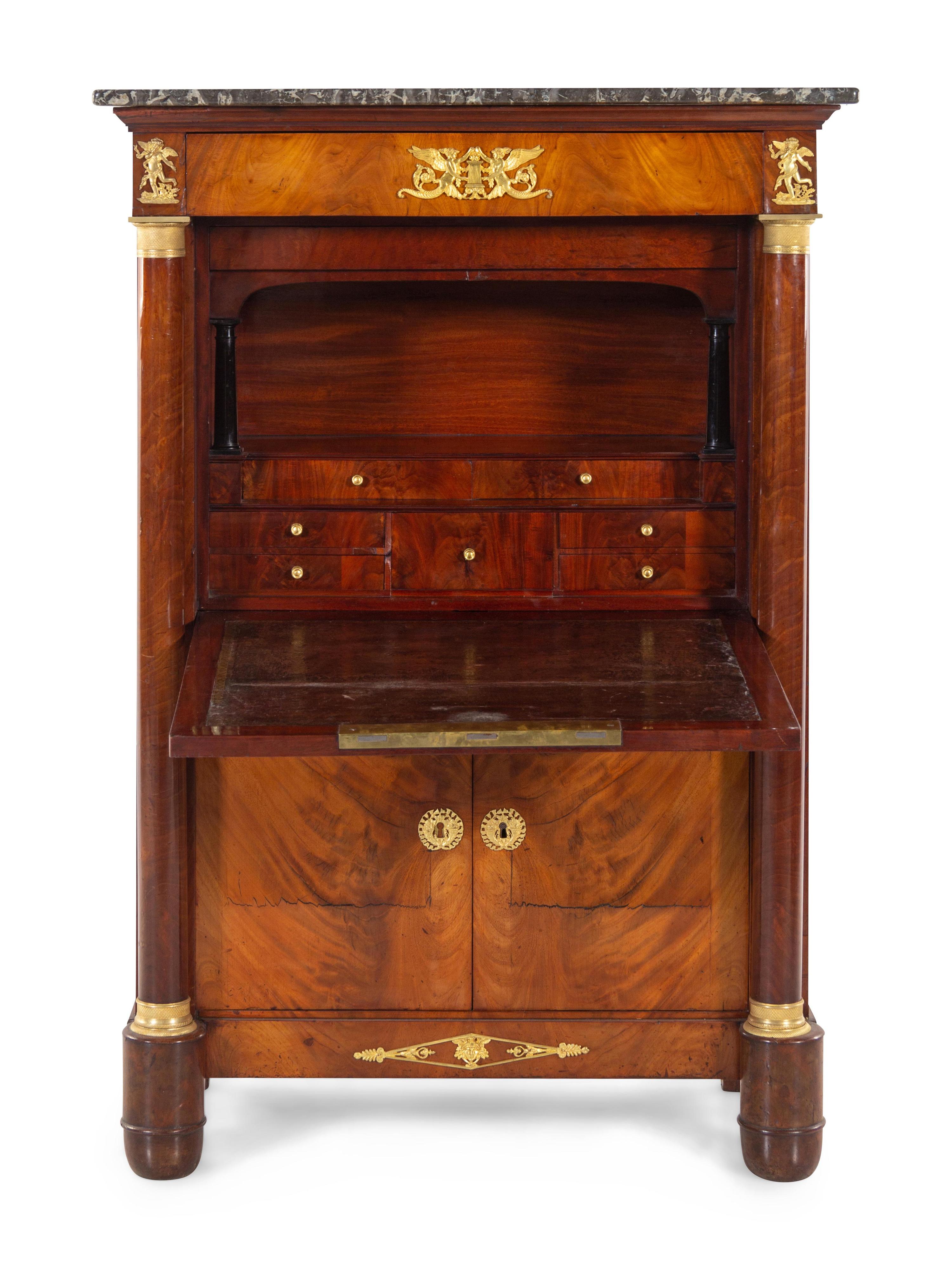 An Empire Gilt Bronze Mounted Mahogany and Marble-Top Secrétaire à Abattant