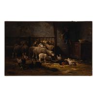 Charles Émile Jacque (French, 1813-1894) — Barn Interior with Sheep and Chickens
