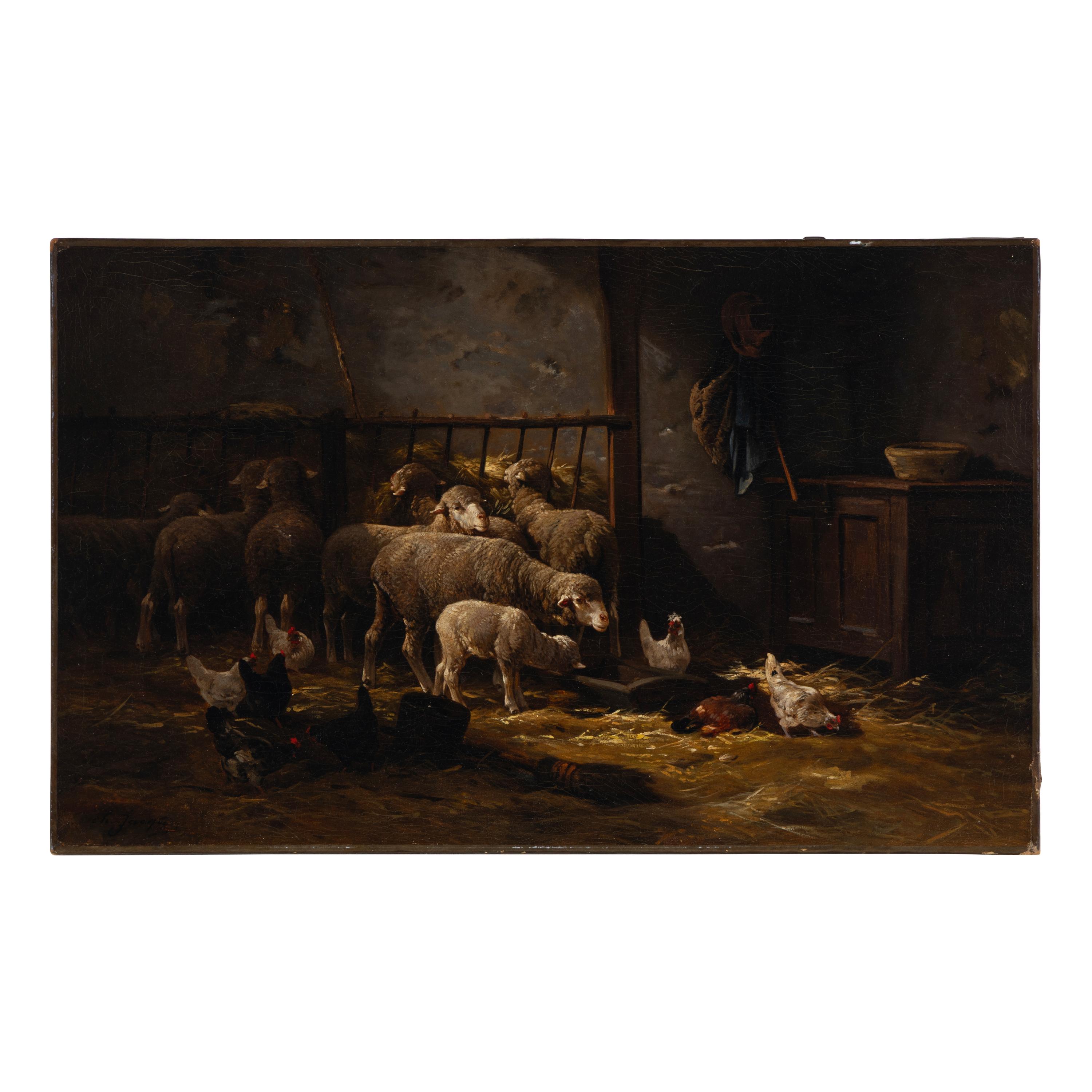 Charles Émile Jacque (French, 1813-1894) — Barn Interior with Sheep and Chickens