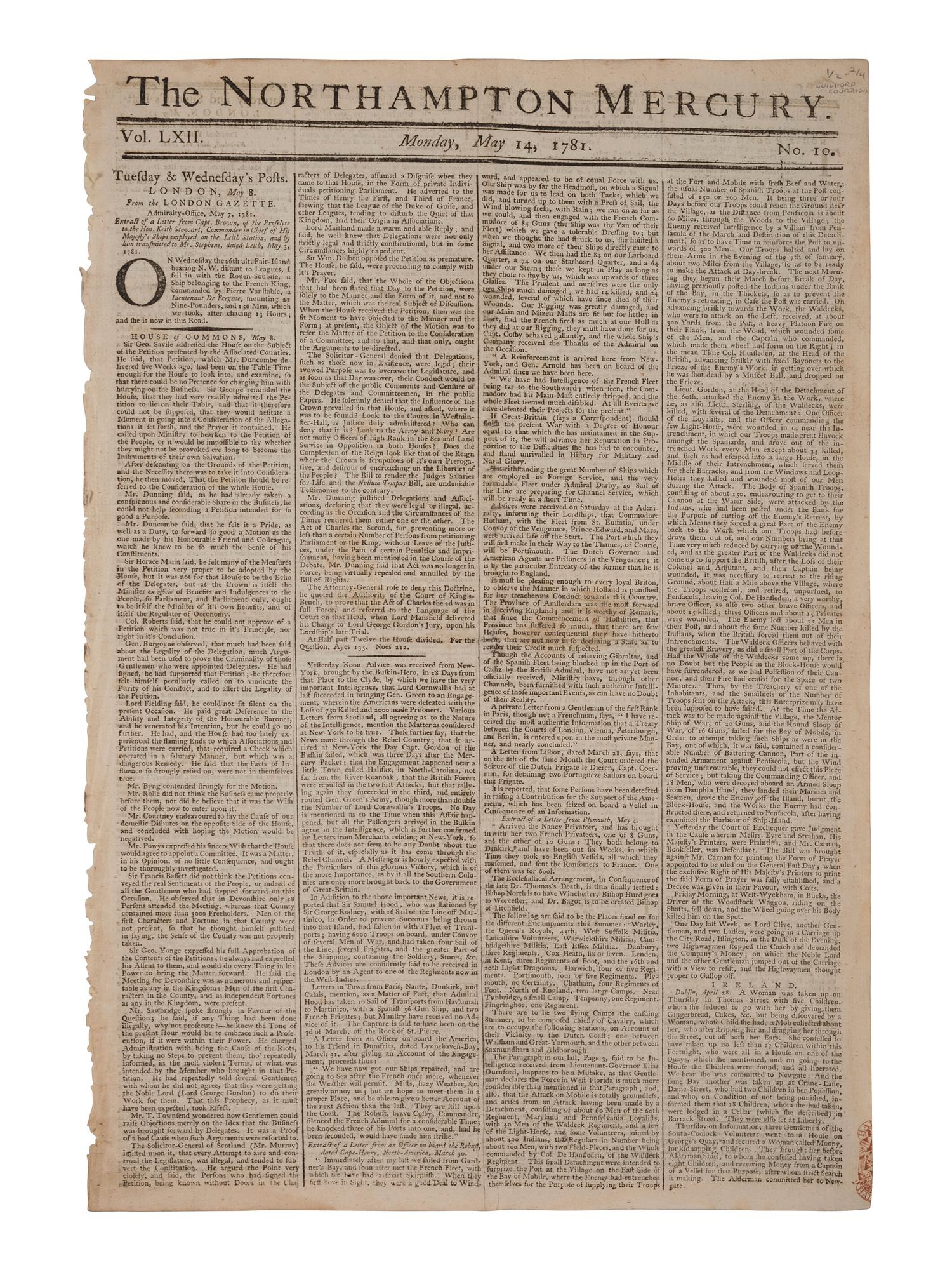 [REVOLUTIONARY WAR - BATTLE OF GUILFORD COURT HOUSE]. Northampton Mercury . Vol. LXII, No. 10. London