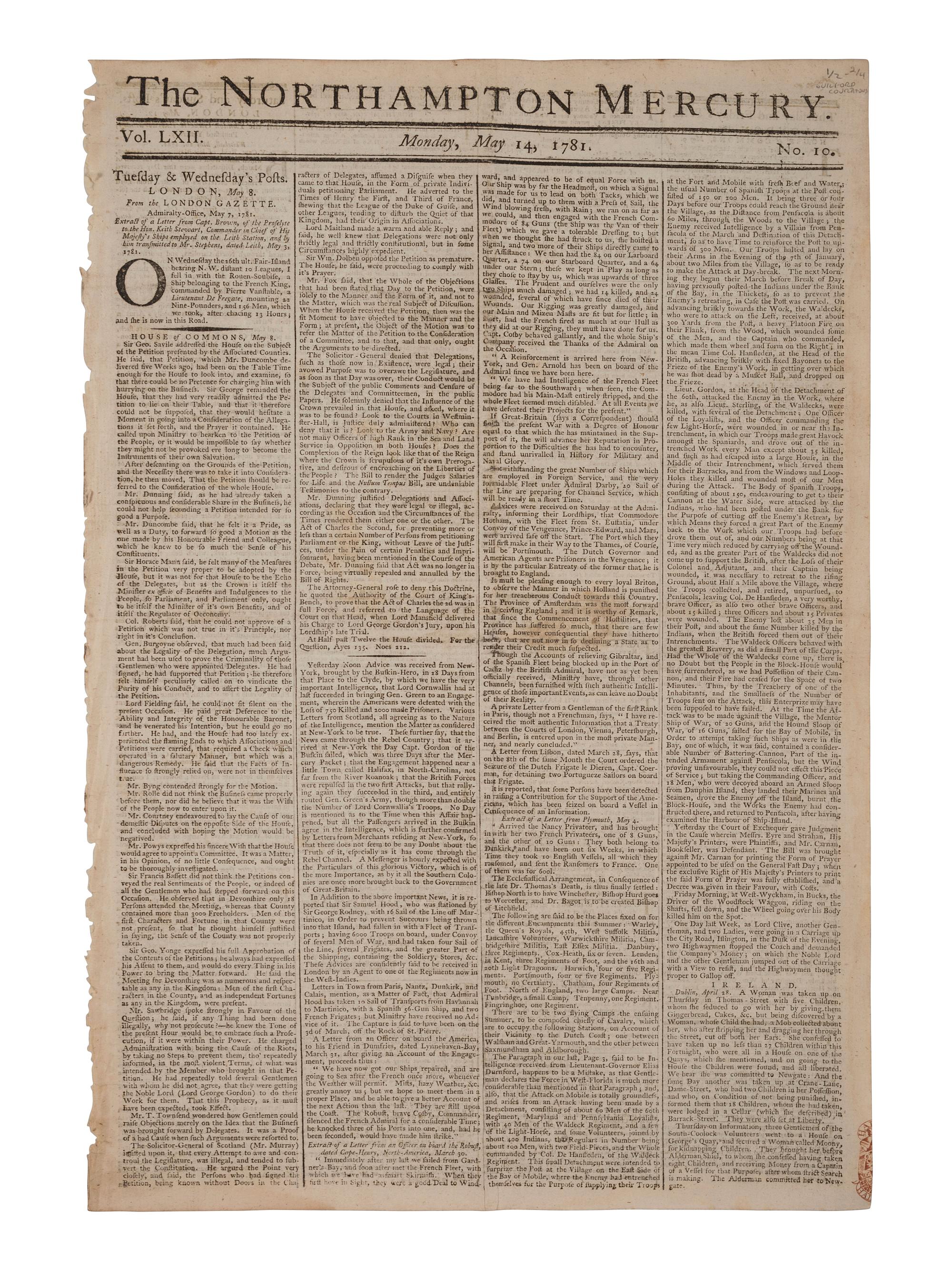 [REVOLUTIONARY WAR - BATTLE OF GUILFORD COURT HOUSE]. Northampton Mercury . Vol. LXII, No. 10. London
