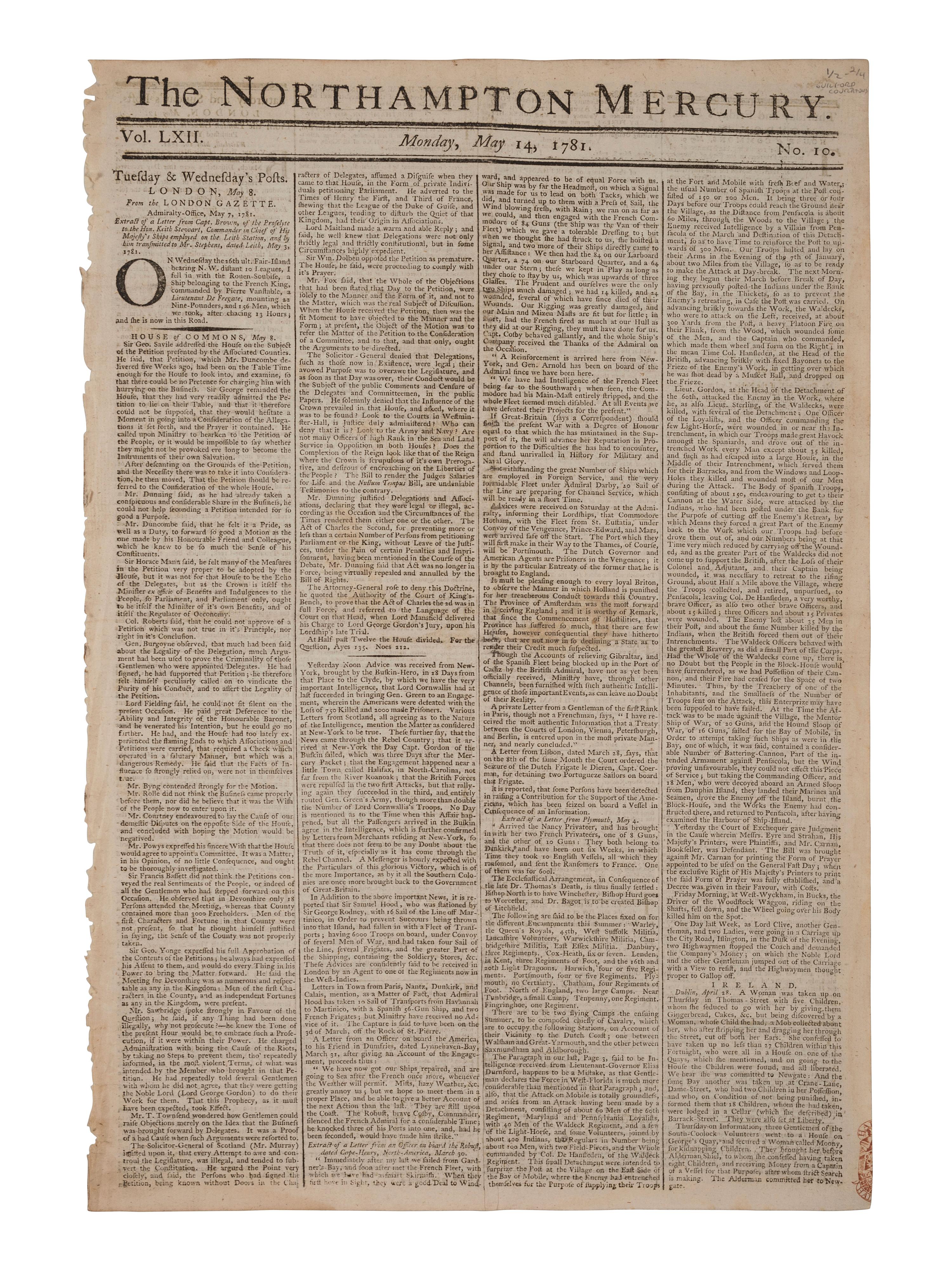 [REVOLUTIONARY WAR - BATTLE OF GUILFORD COURT HOUSE]. Northampton Mercury . Vol. LXII, No. 10. London