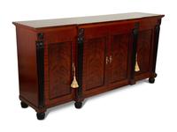 A Late Regency Style Figured Mahogany Sideboard with Carved Ebonized Pilasters