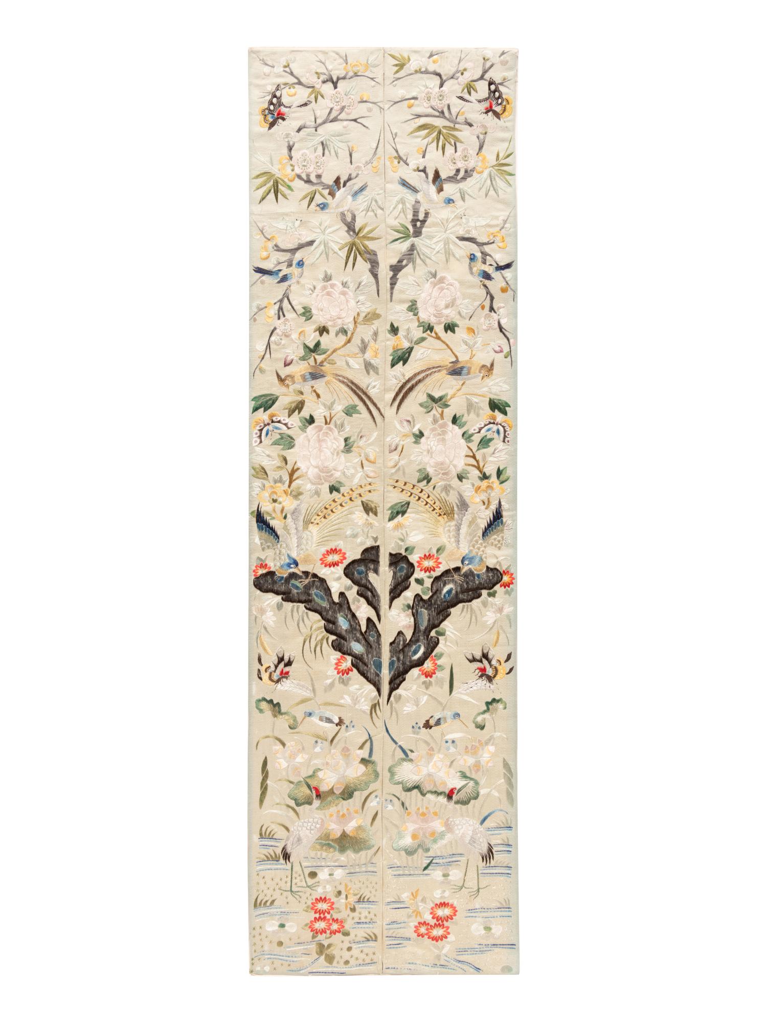 Two Chinese Cream Ground Embroidered Silk Panels