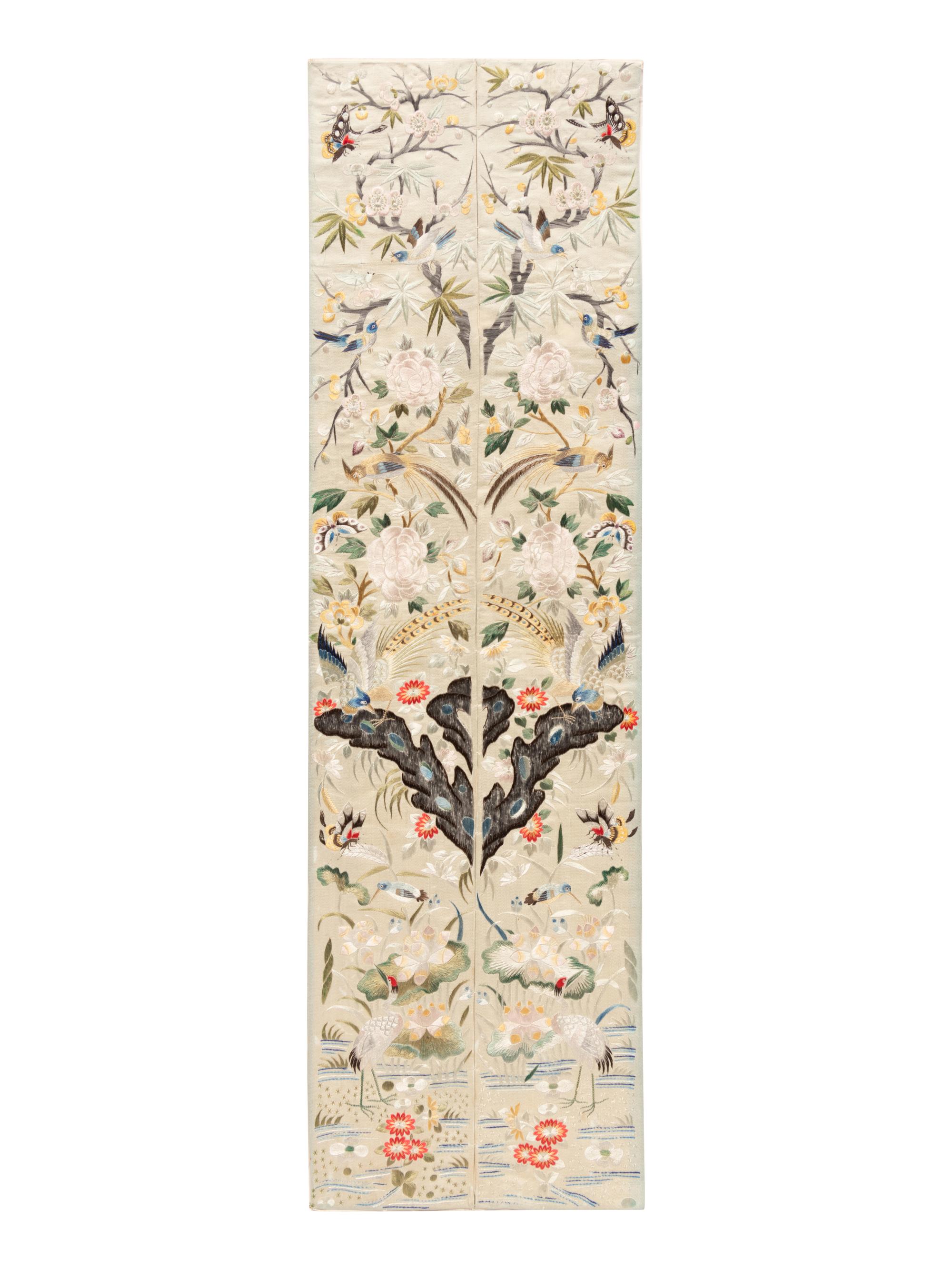 Two Chinese Cream Ground Embroidered Silk Panels