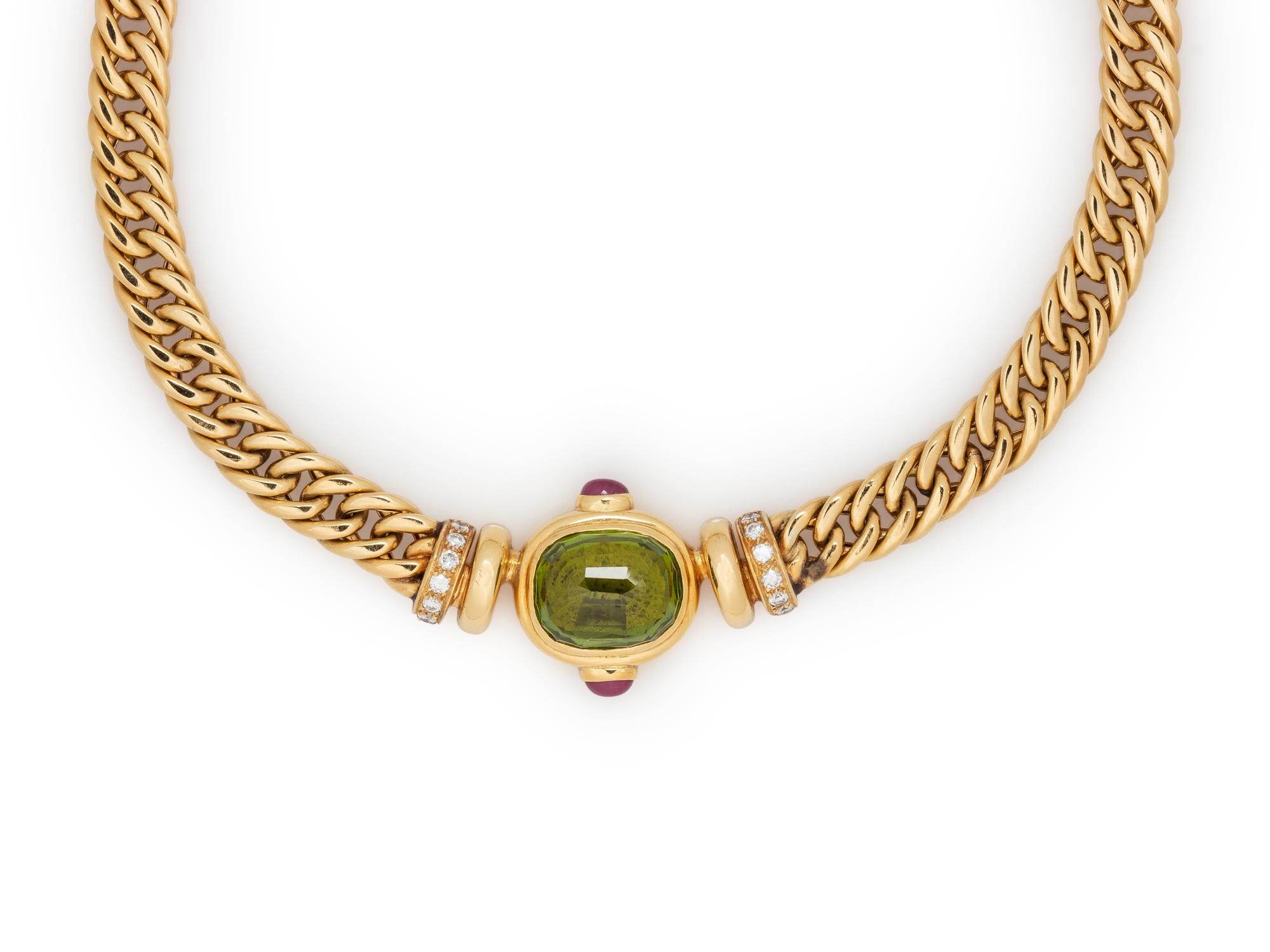 YELLOW GOLD, PERIDOT, RUBY AND DIAMOND NECKLACE