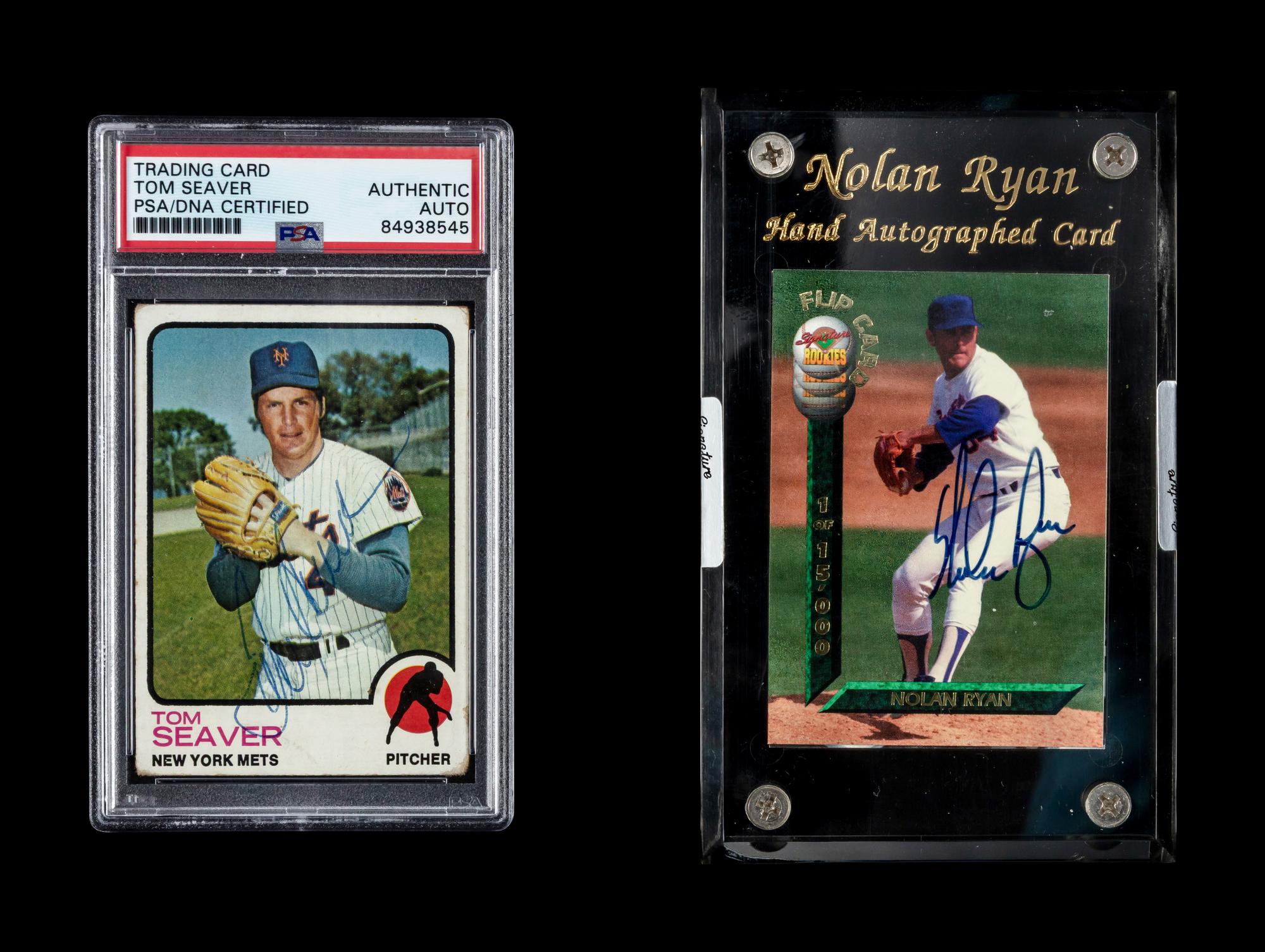 A Tom Seaver Signed Autograph 1973 Topps Baseball Card No. 350 (PSA Authentic) and 1994 Signature Rookies Nolan Ryan Autograph Card