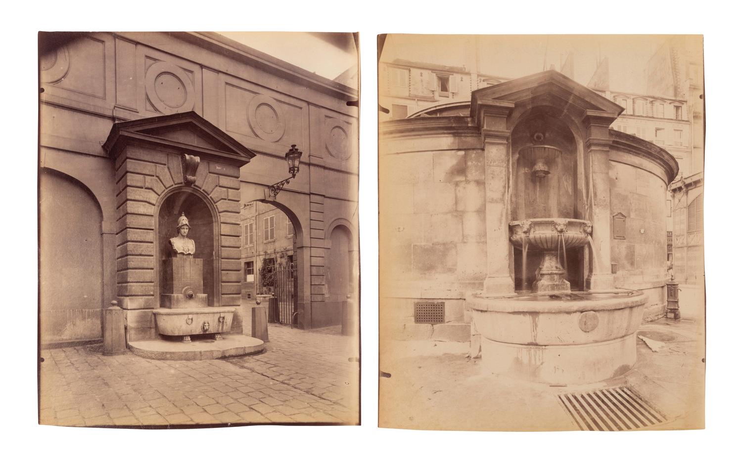 A pair of photographs depicting fountains ( Fontaine Minerve, Institut , 1899; Fontaine du Marché Saint-Honoré , 1903)