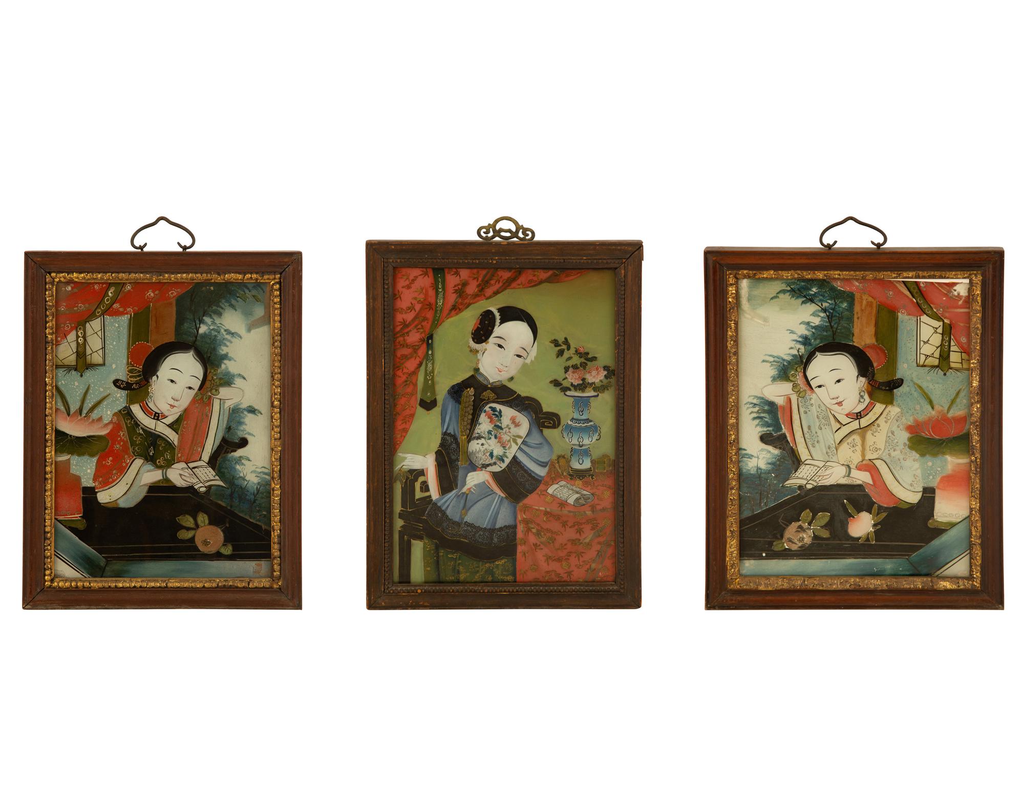 Three Chinese Reverse Glass Paintings on Glass