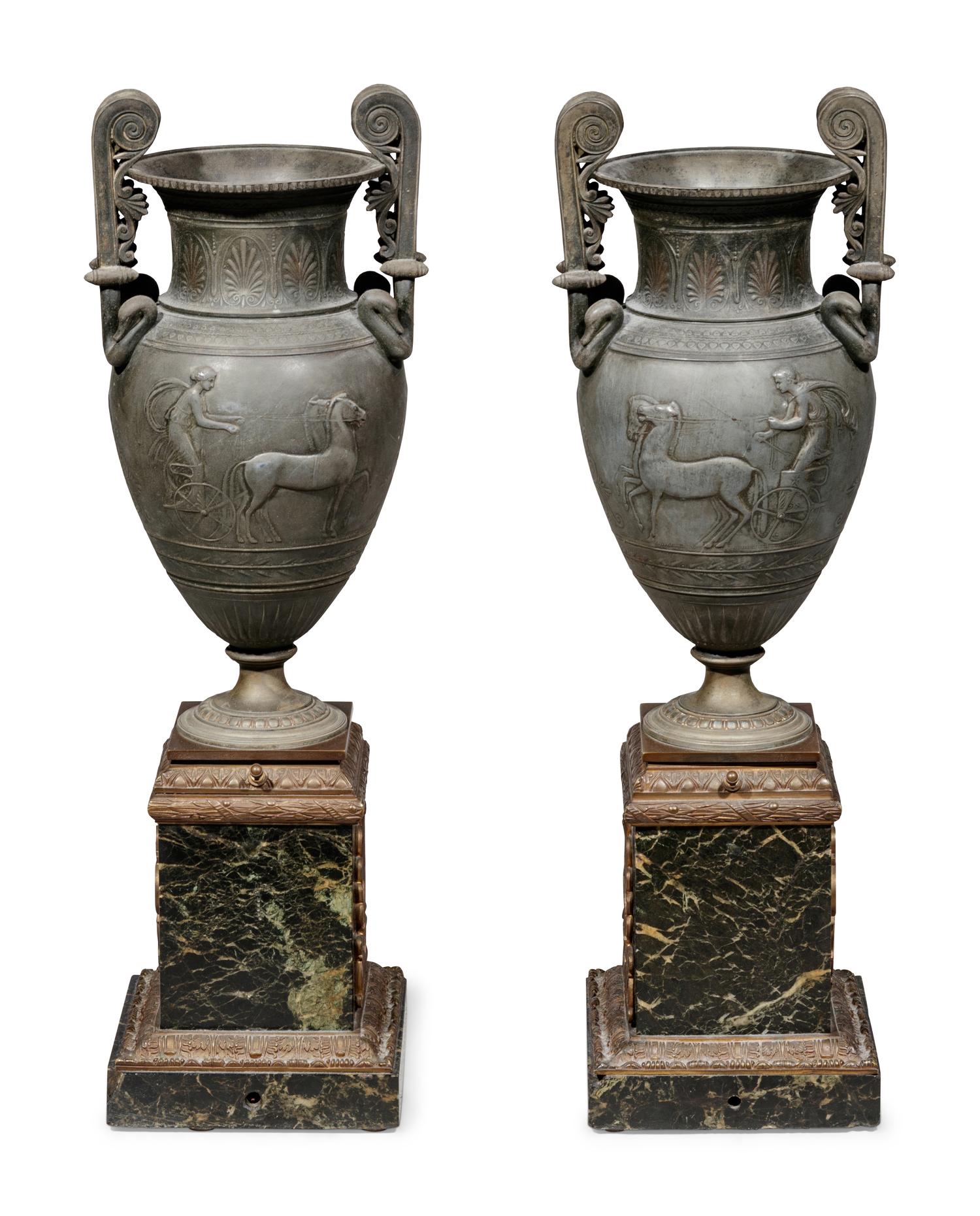 A Pair of Empire Style Patinated Metal and Marble Urns