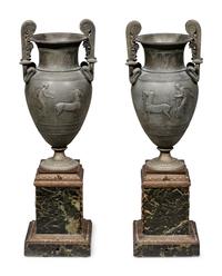 A Pair of Empire Style Patinated Metal and Marble Urns