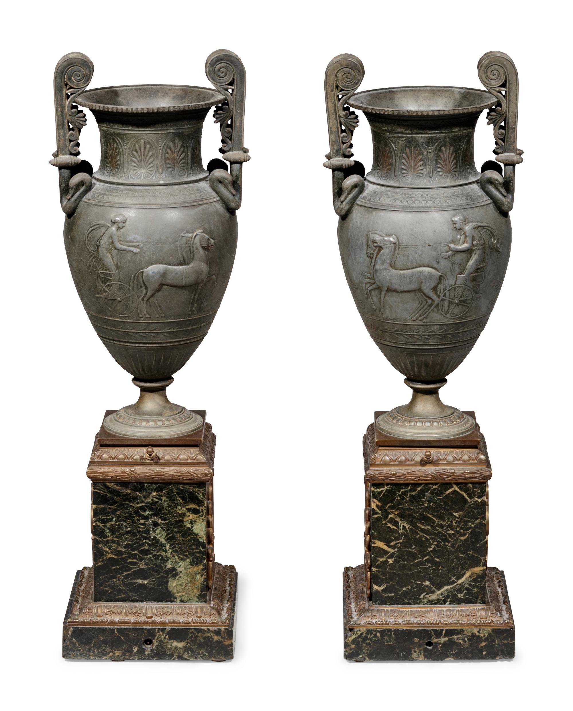 A Pair of Empire Style Patinated Metal and Marble Urns