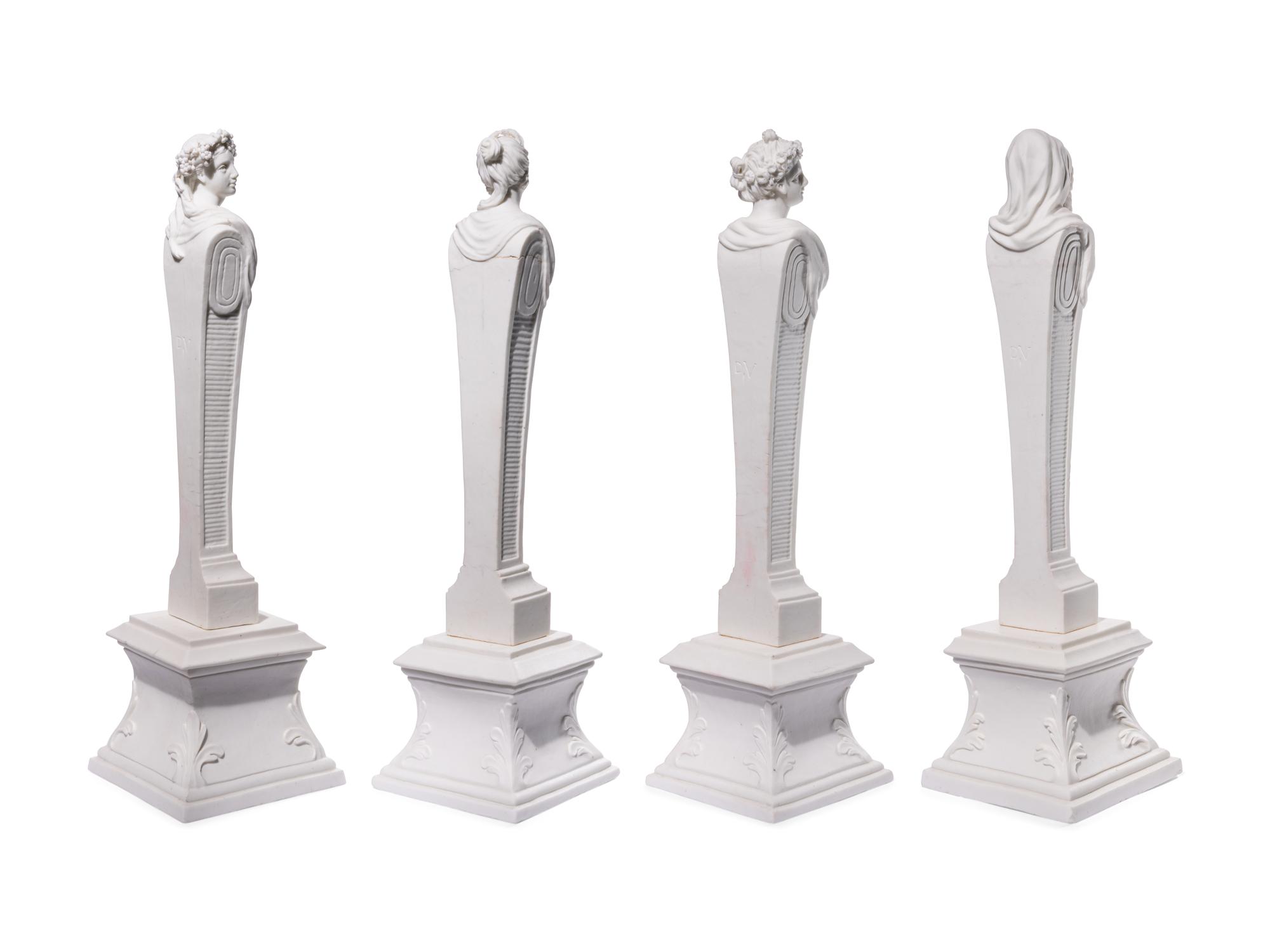 Four Mennecy Biscuit Porcelain Herm Figures Emblematic of the Seasons