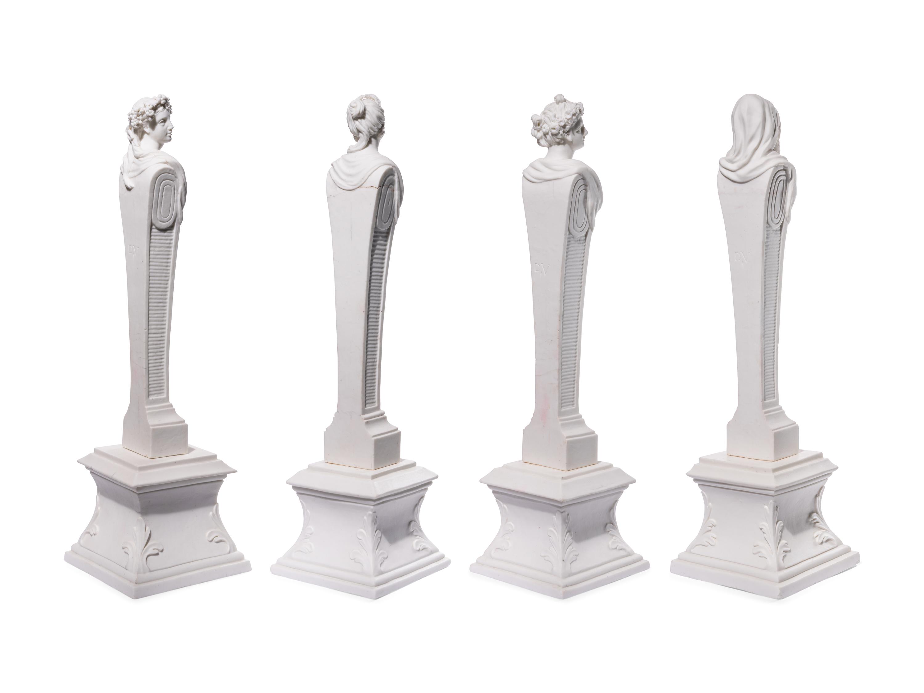 Four Mennecy Biscuit Porcelain Herm Figures Emblematic of the Seasons