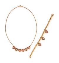 YELLOW GOLD AND MULTIGEM HEART CHARM NECKLACE AND BRACELET