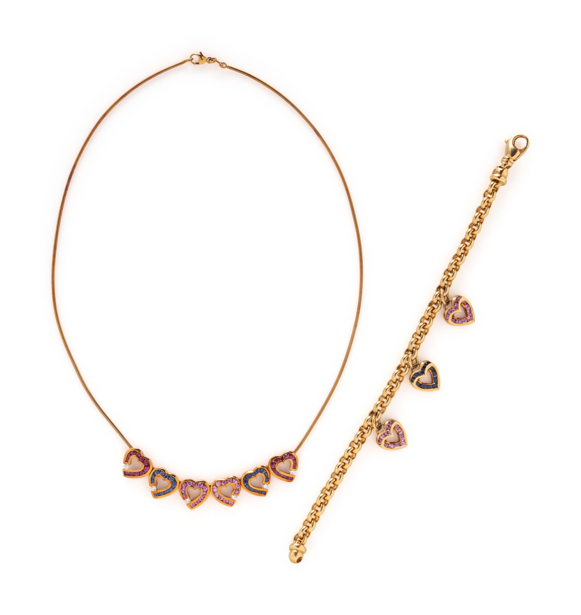 YELLOW GOLD AND MULTIGEM HEART CHARM NECKLACE AND BRACELET