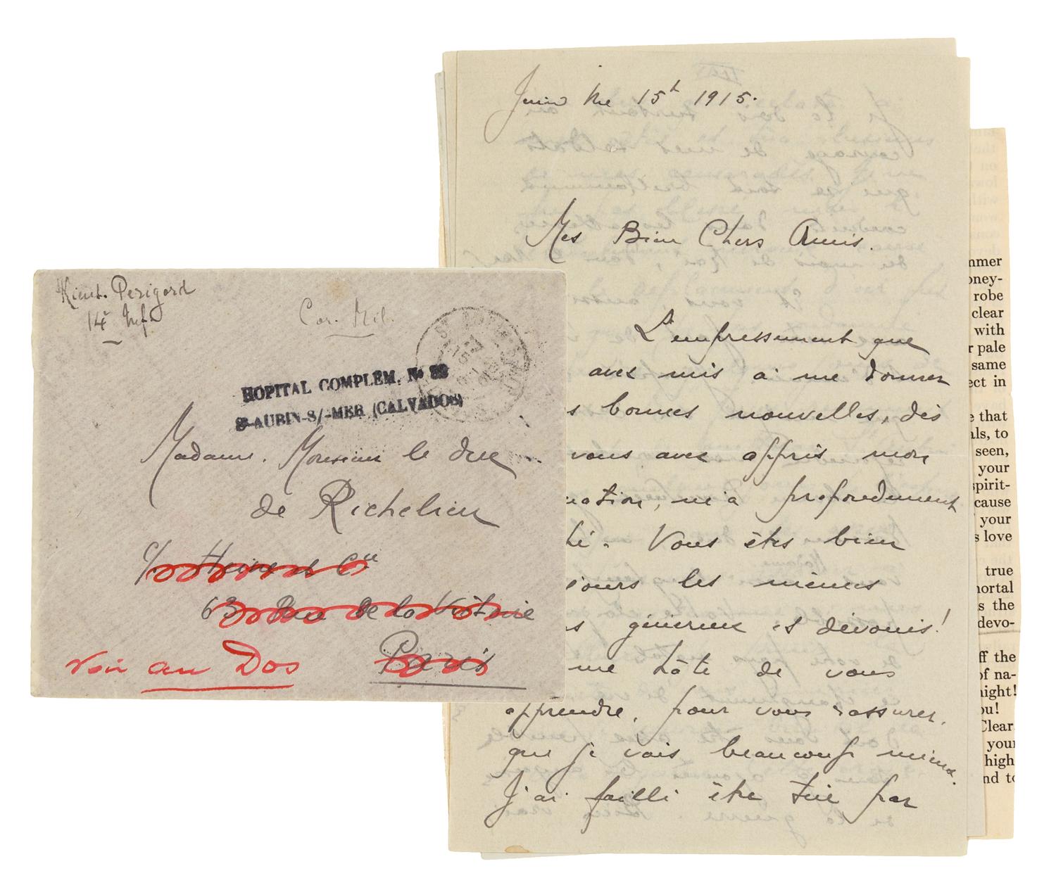 [WORLD WAR I]. An archive of letters written between 1913 and 1921 from Captain Paul Perigord (1882-1959) of the French Army to Duchess de Richelieu (1886-1972).