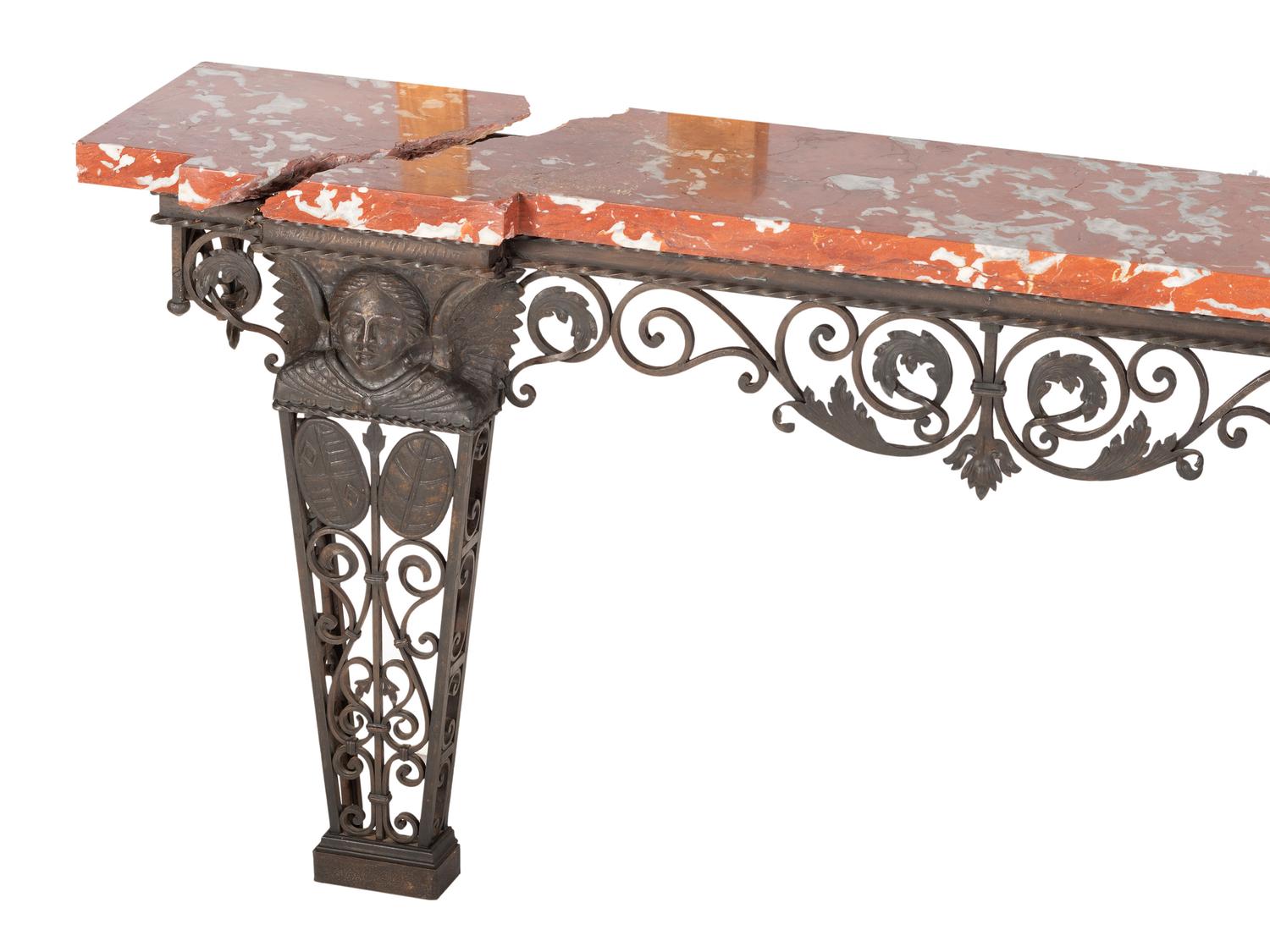 A Cast Iron Marble Top Console Table