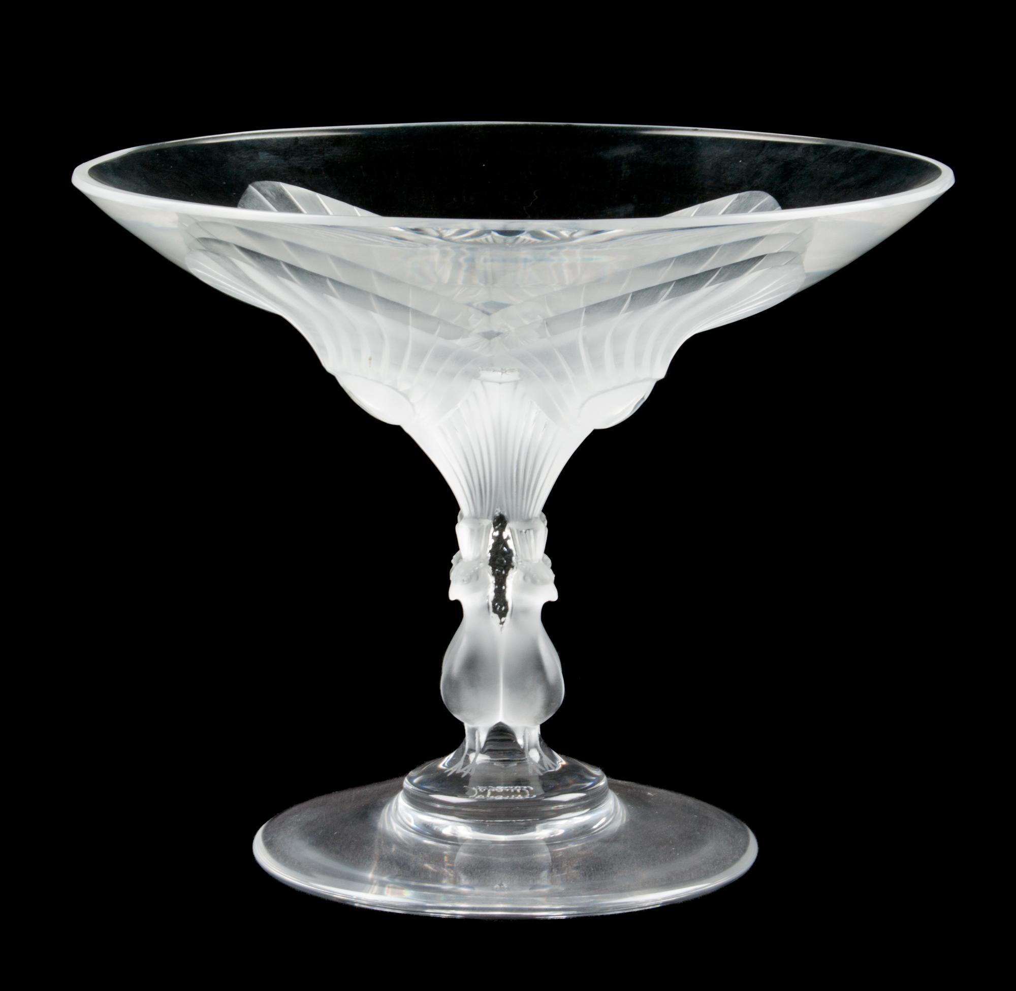 A Lalique Molded and Frosted Glass Compote Height 6 5/8 inches.
