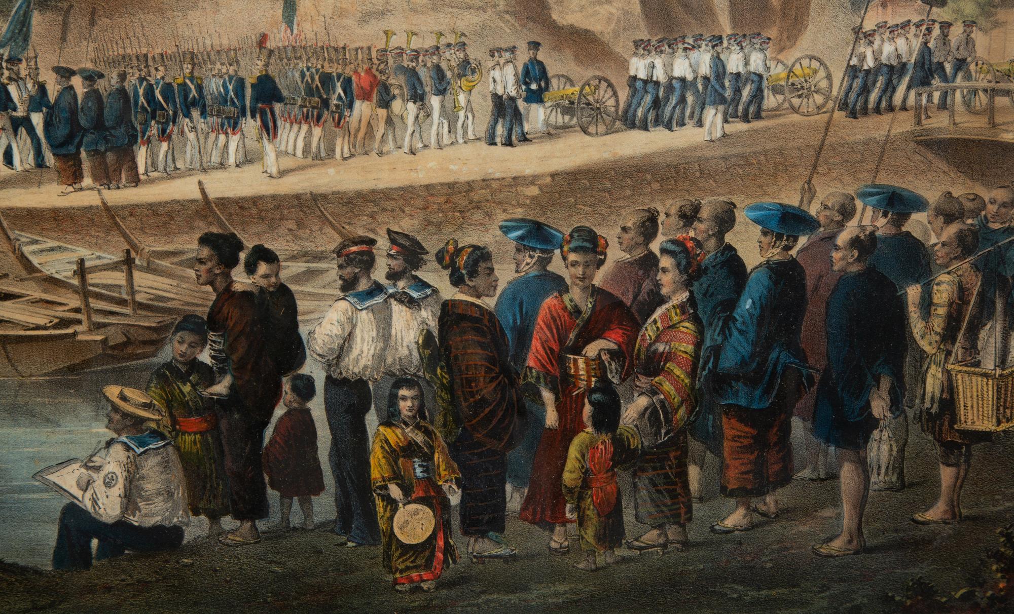 Two Hand-Colored Lithographs Depicting the Travels of Commodore Perry in Japan — 19TH CENTURY